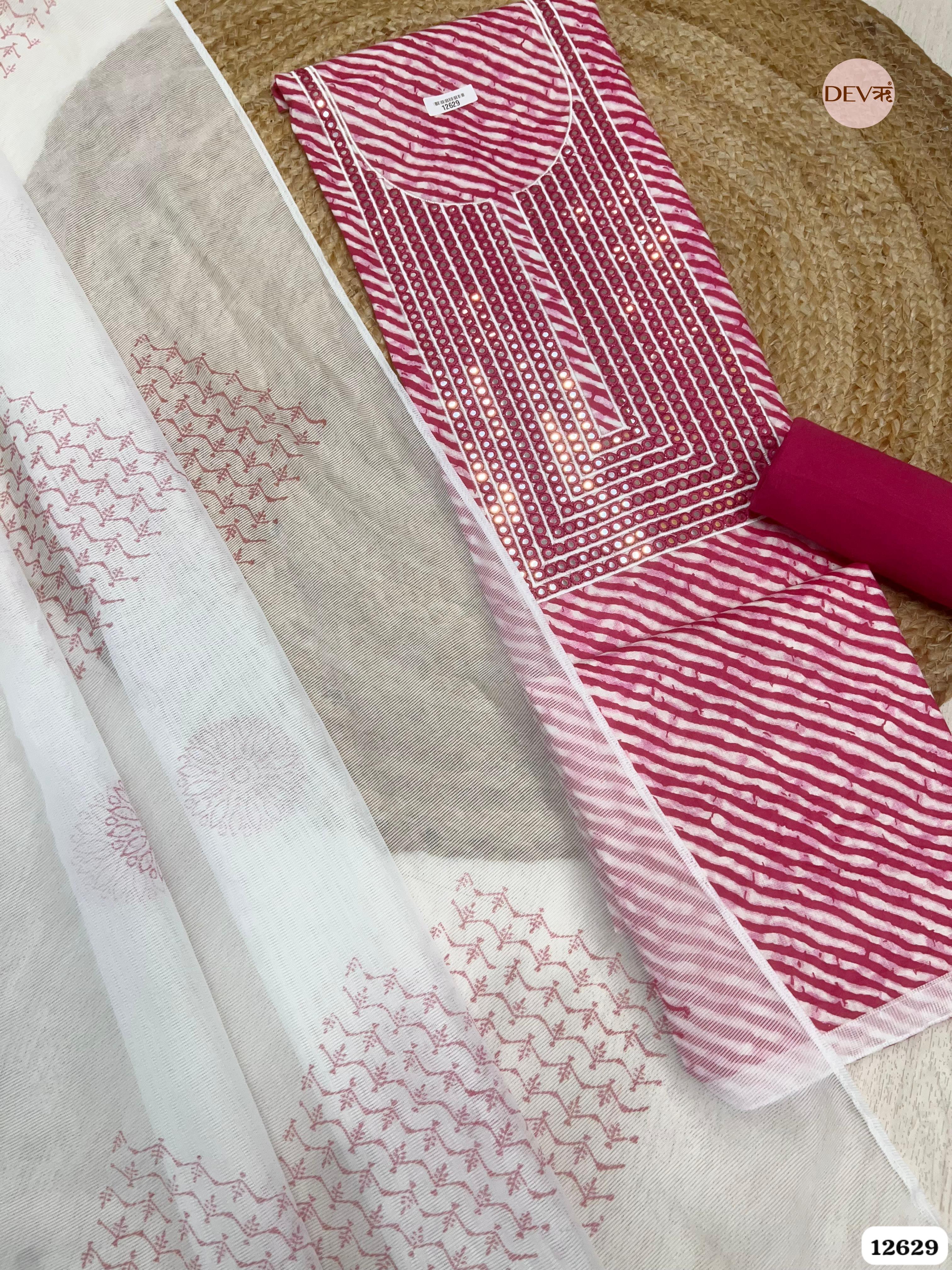 Magenta Pink Cotton Leheriya Printed & Embroidered Unstitched 3-Piece Suit (Devri – D.No 12629)