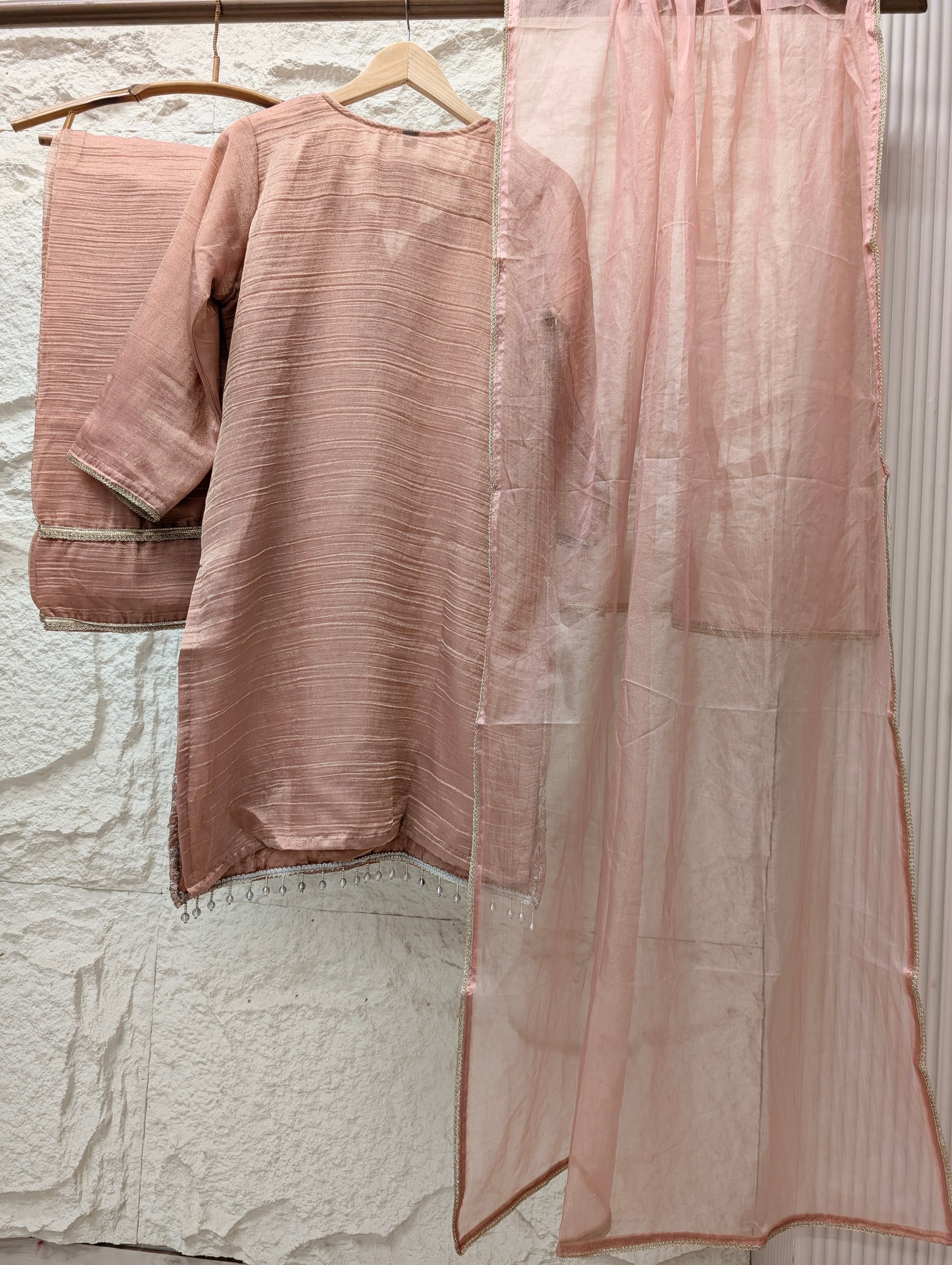 Gulrang Tissue silk blend Embroidered Peach 3-Piece Set (Devri – D.No 13750)