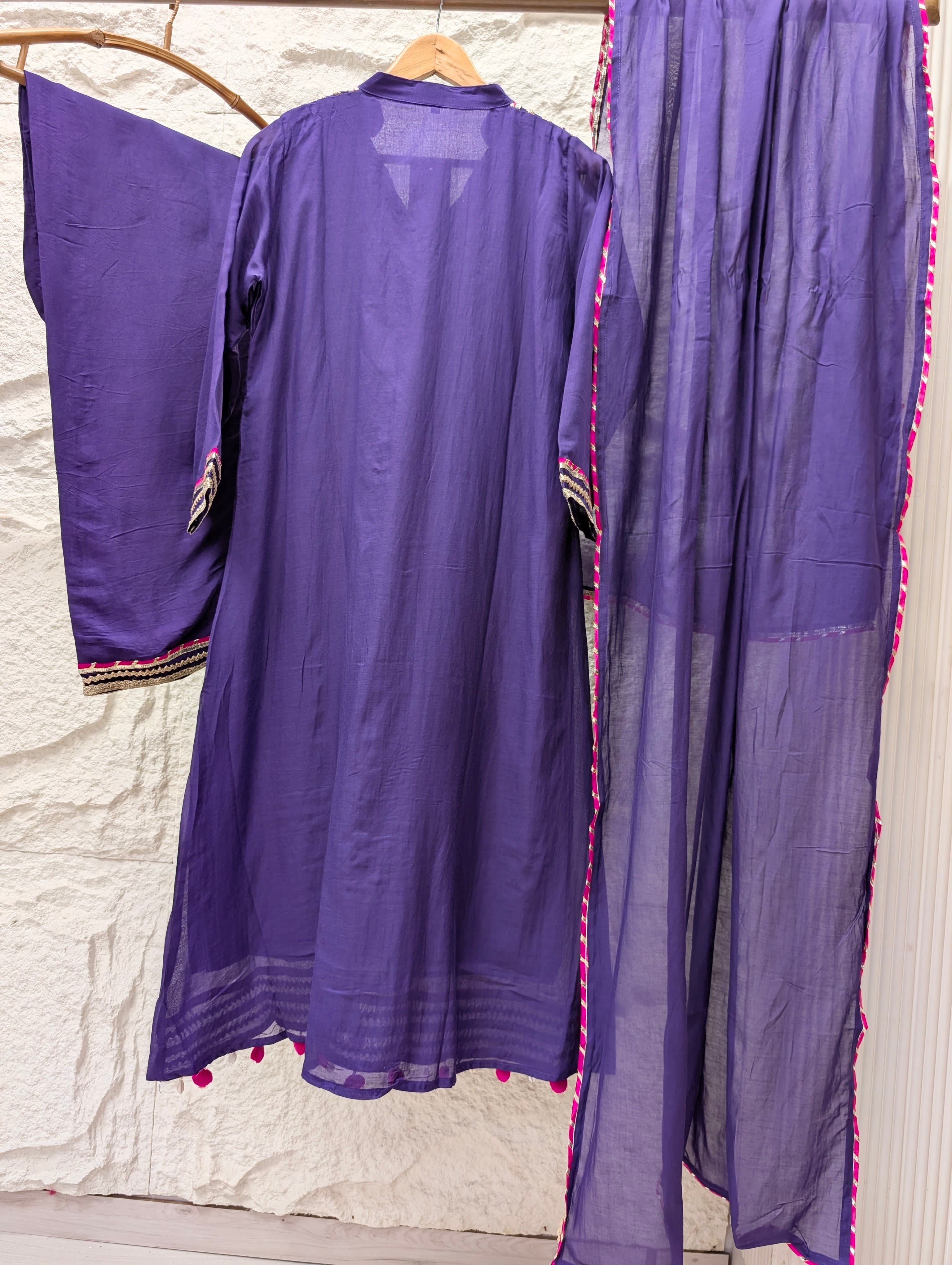 Meher Mul Chanderi Embroidered Purple 3-Piece Set (Devri – D.No 13732)