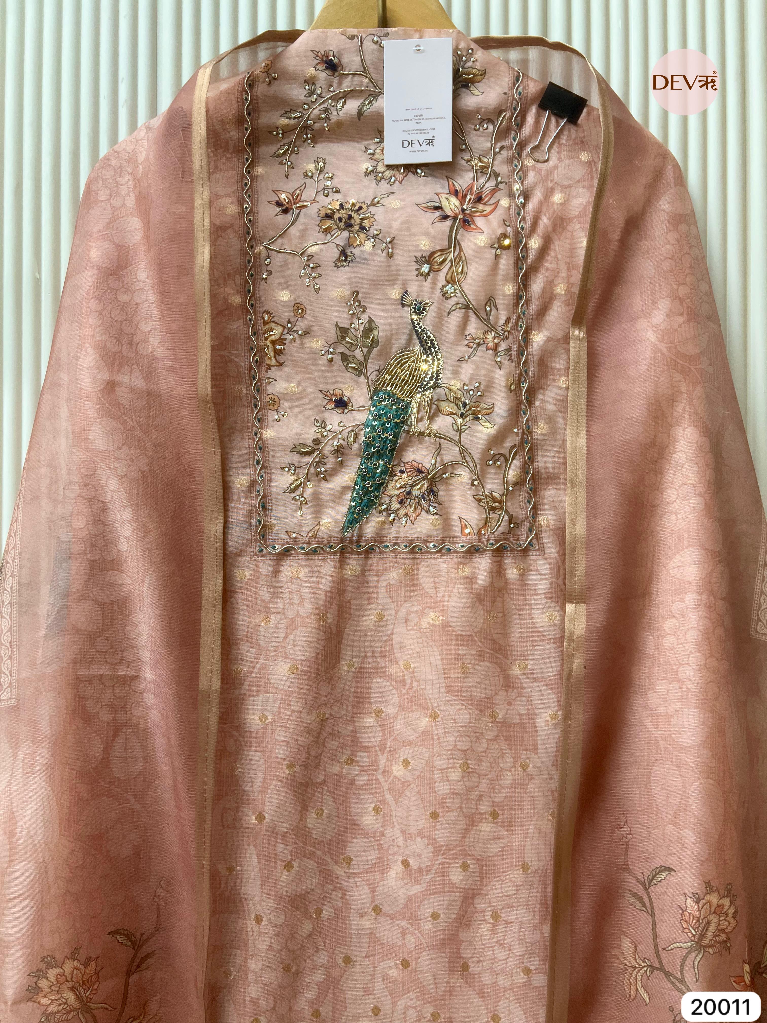 Dusty Rose Pure Chanderi Hand Embroidered Unstitched 3-Piece Suit (Devri – D.No 20011)