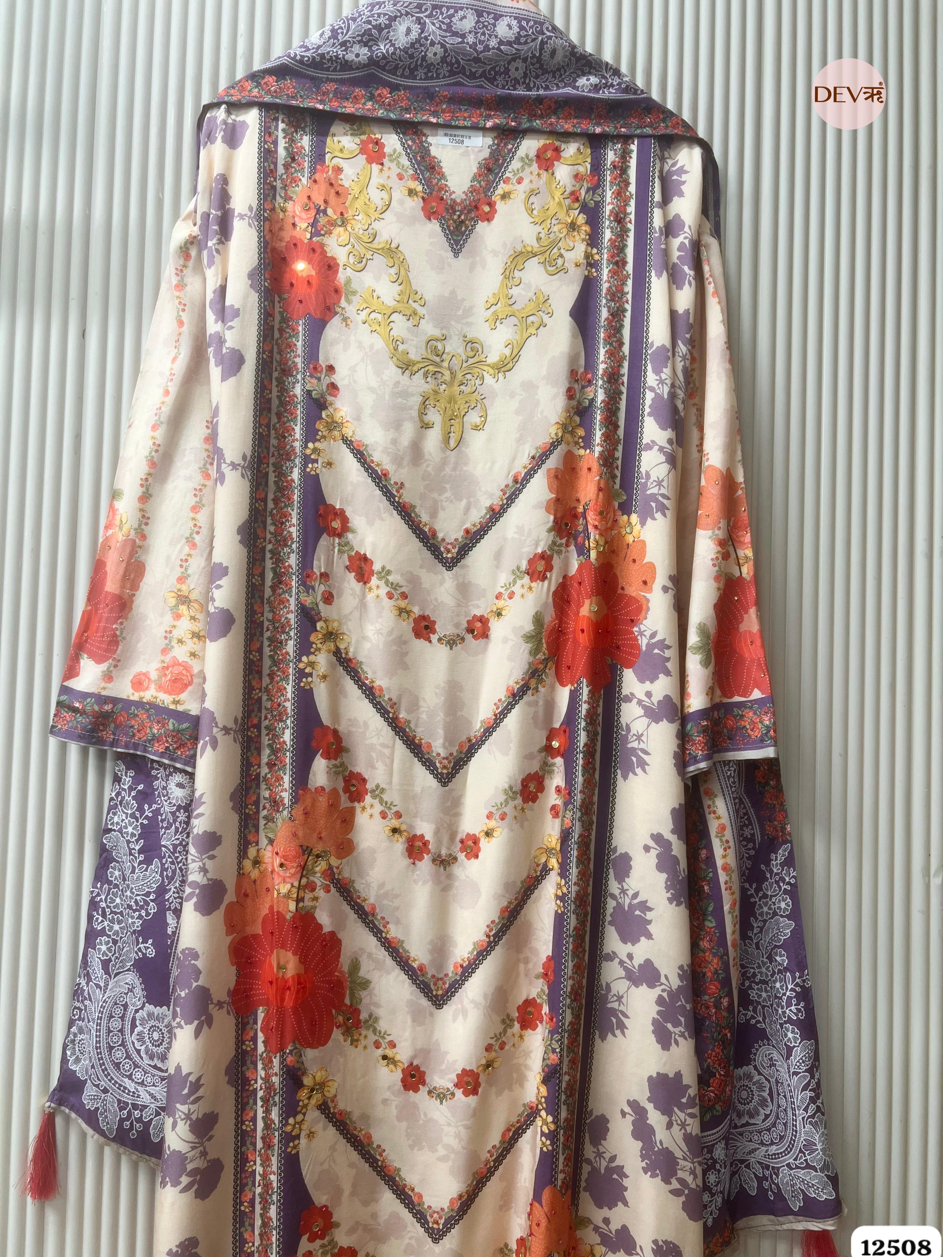 Purple & Cream Muslin Printed Unstitched 3-Piece Suit (Devri – D.No 12508)