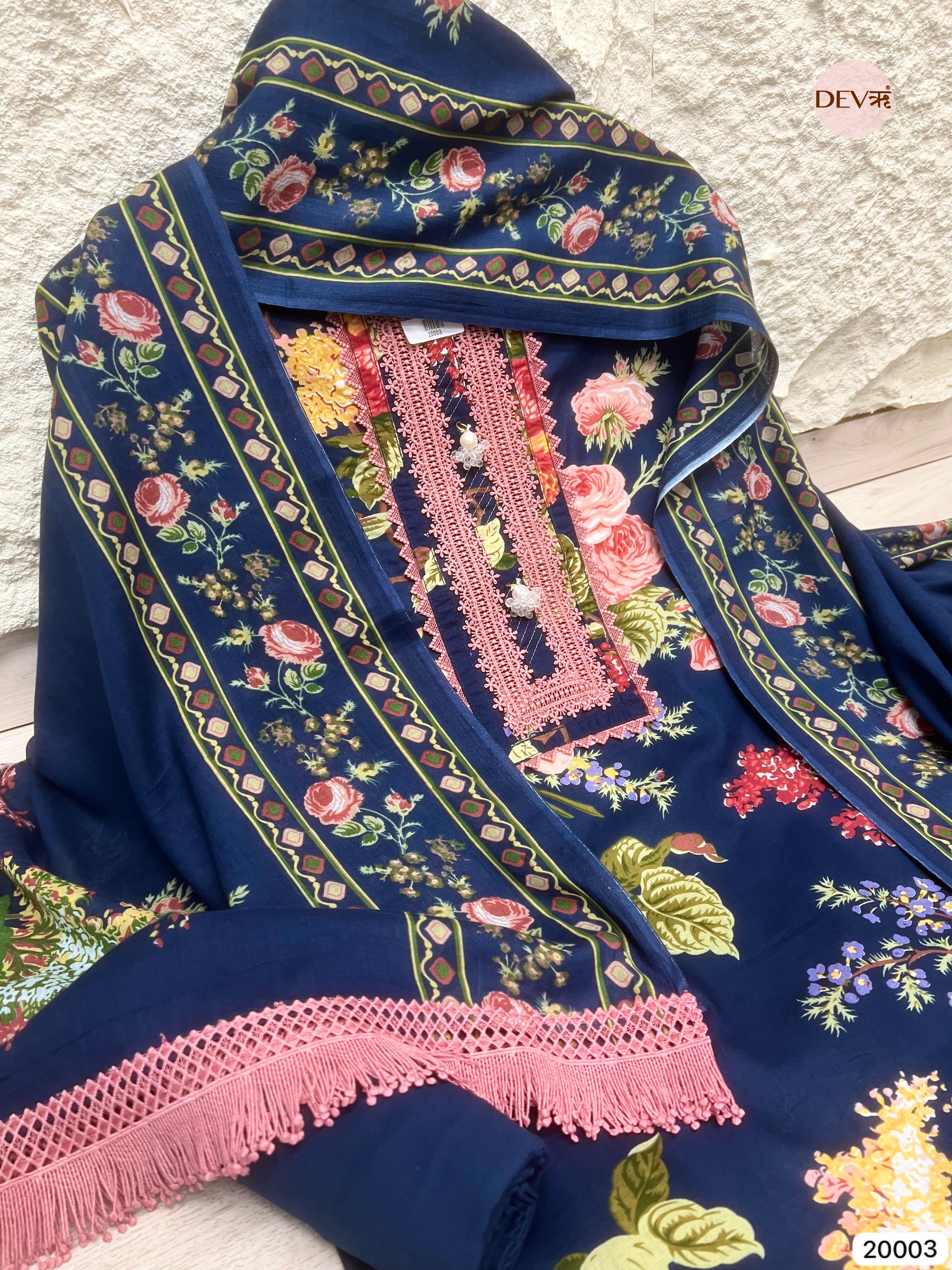 Indigo Meadow Pure Cotton Printed Unstitched 3-Piece Suit (Devri – D.No 20003)