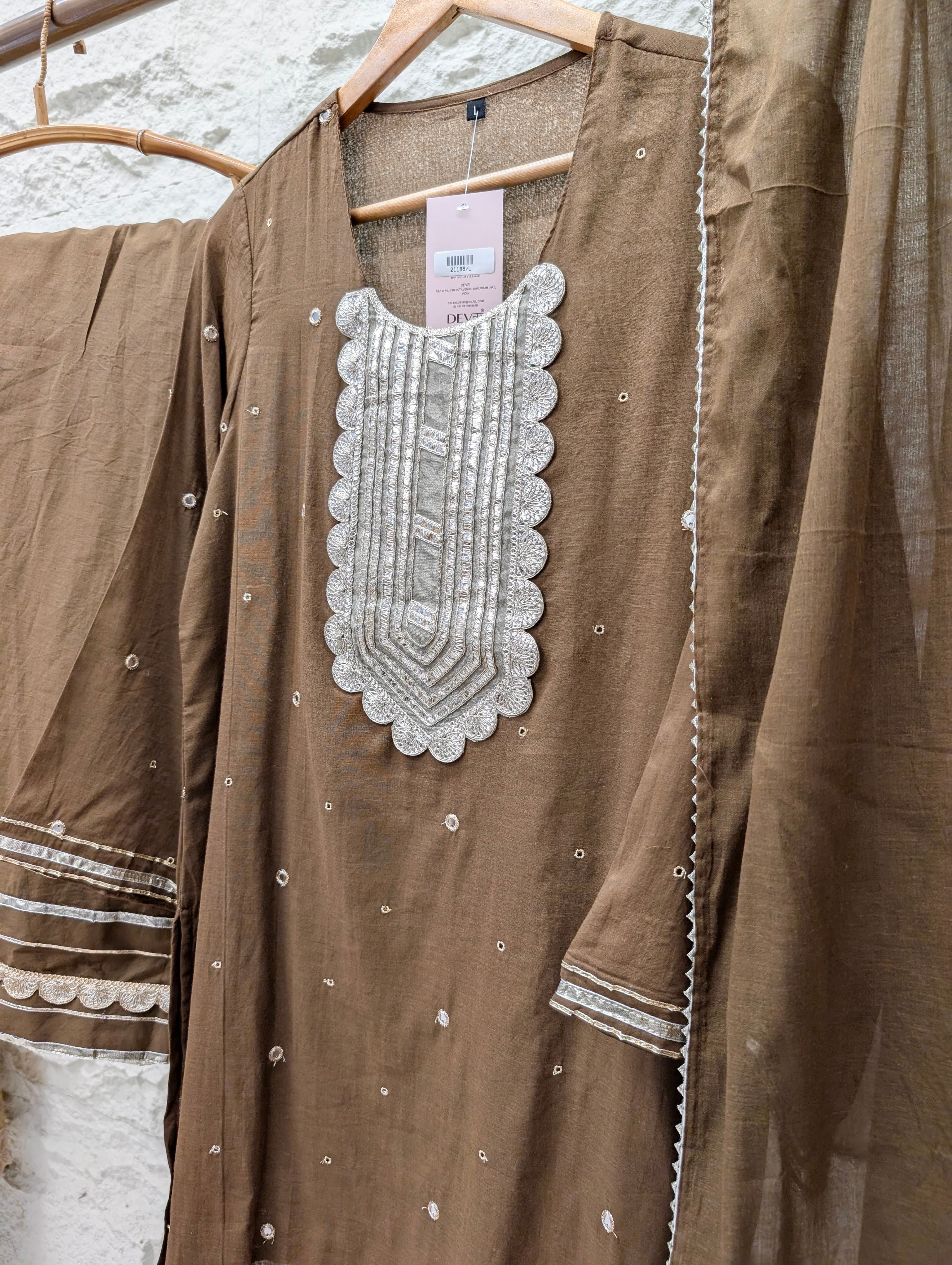 Zarmina Pure mul cotton Embroidered Brown 3-Piece Set (Devri – D.No 21188)