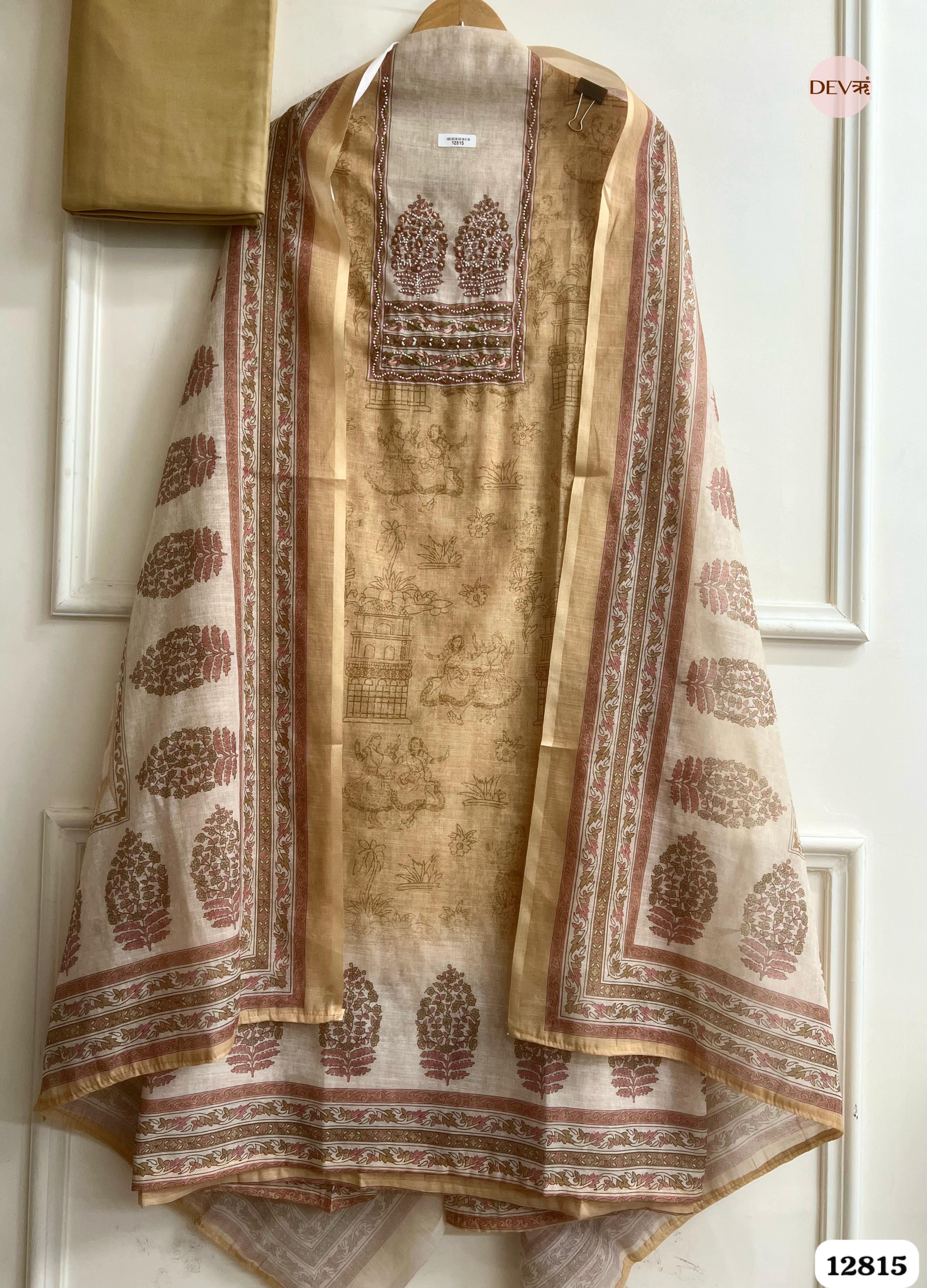 Beige Linen Cotton Printed Unstitched 3-Piece Suit (Devri – D.No 12815)