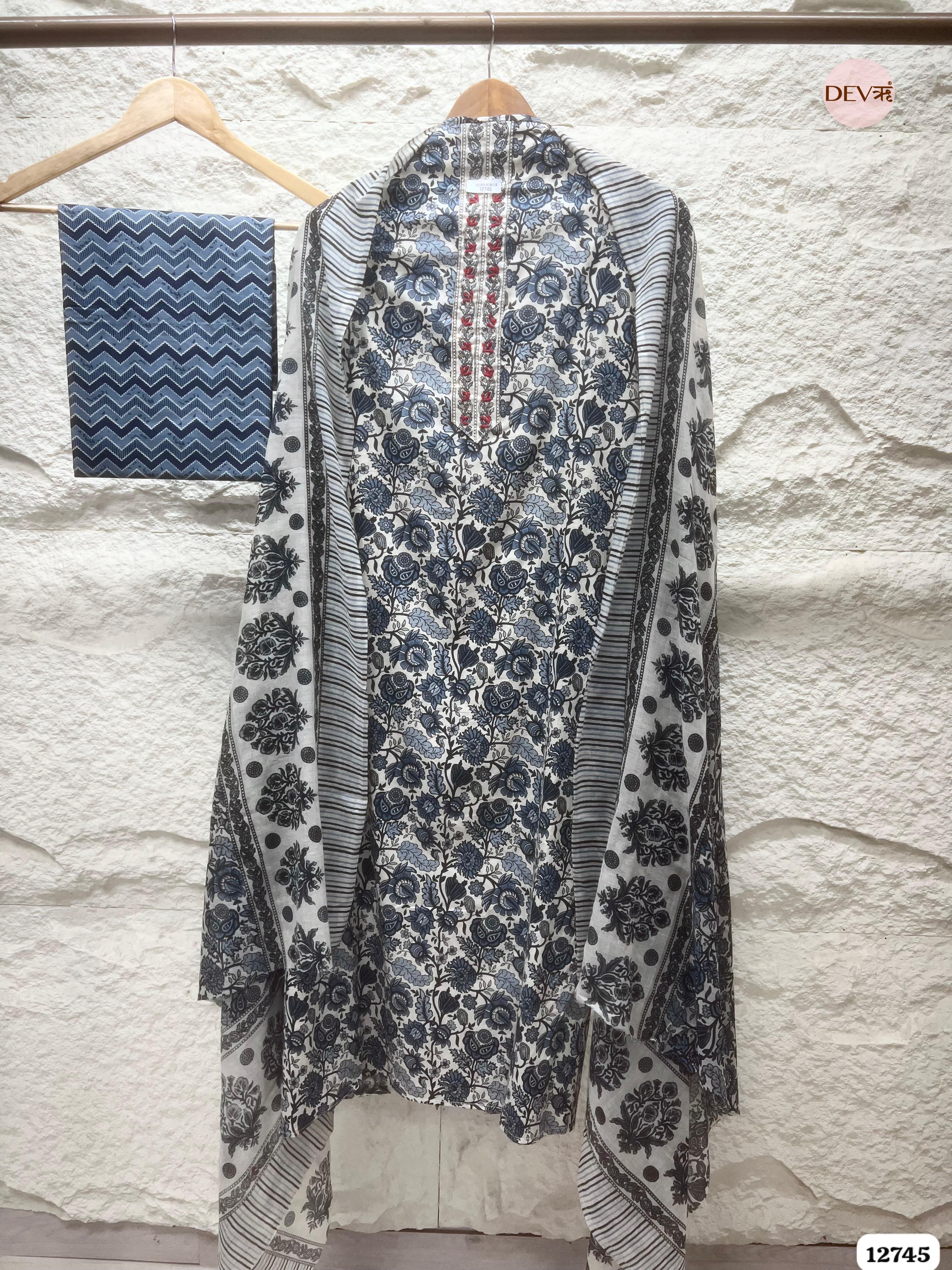 Indigo Cotton Printed Unstitched 3-Piece Suit (Devri – D.No 12745)