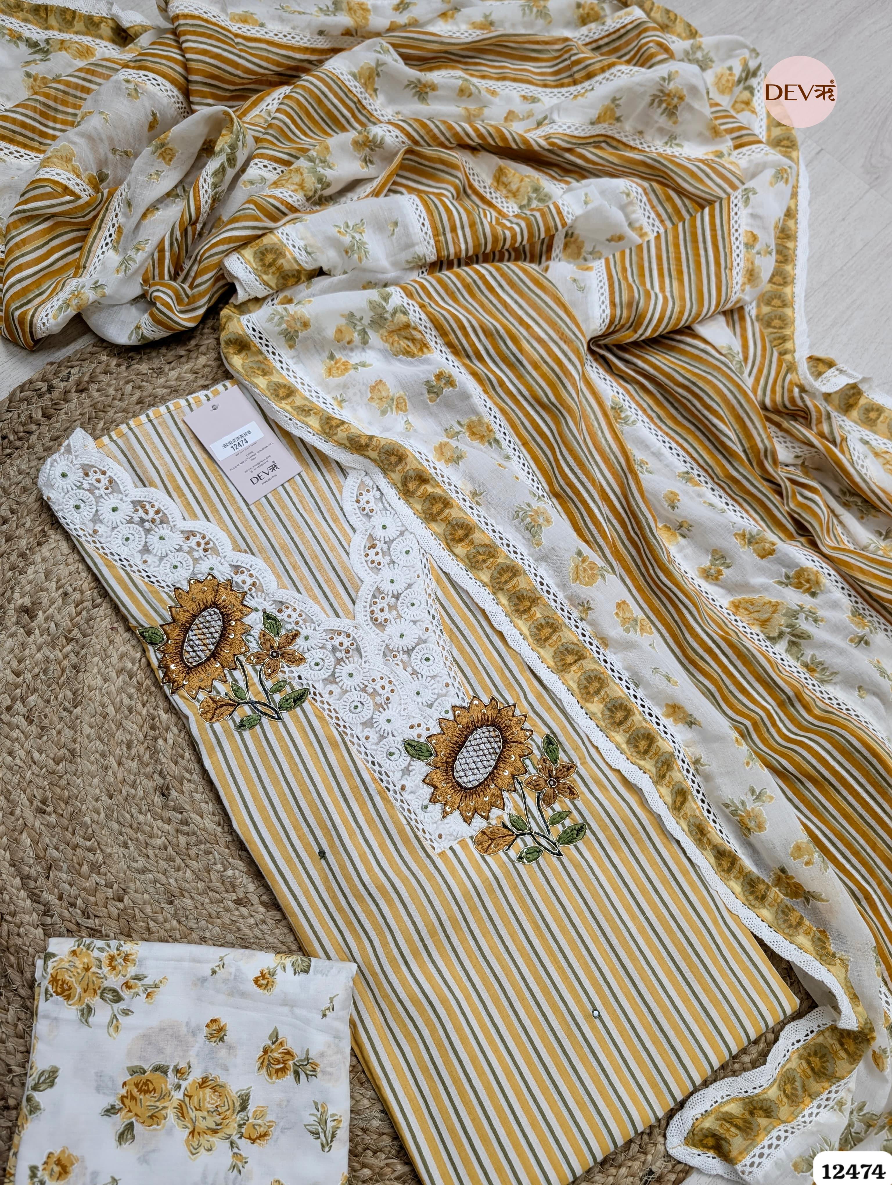 Mustard Yellow Pure Cotton Embroidered Unstitched 3-Piece Suit (Devri – D.No. 12474)