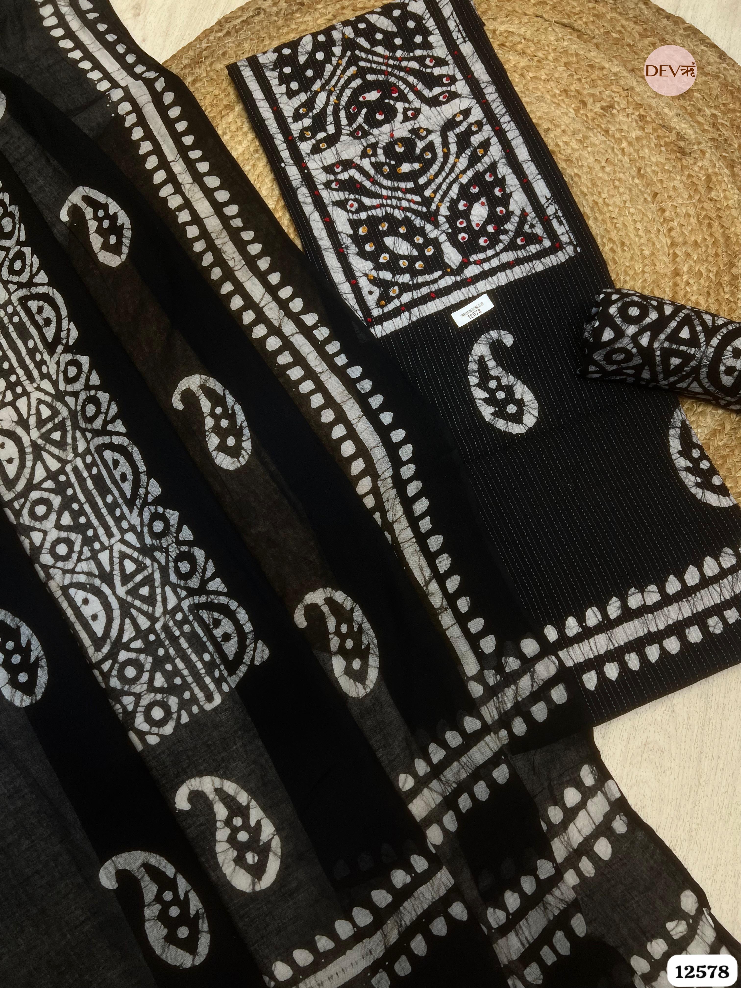 Black Cotton Batik Printed Unstitched 3-Piece Suit (Devri – D.No 12578)
