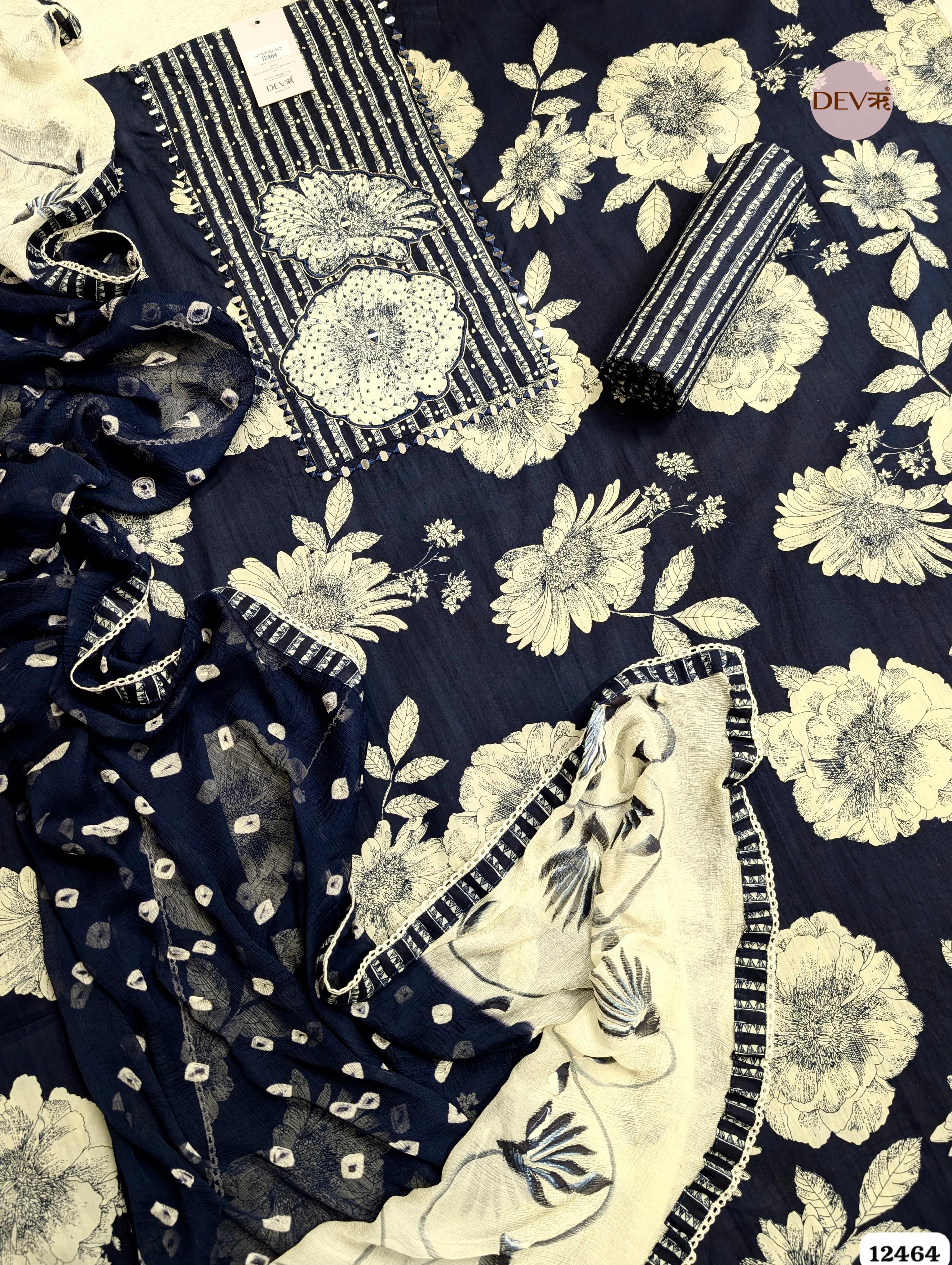 Navy Blue Cotton Printed Unstitched 3-Piece Suit (Devri – D.No. 12464)