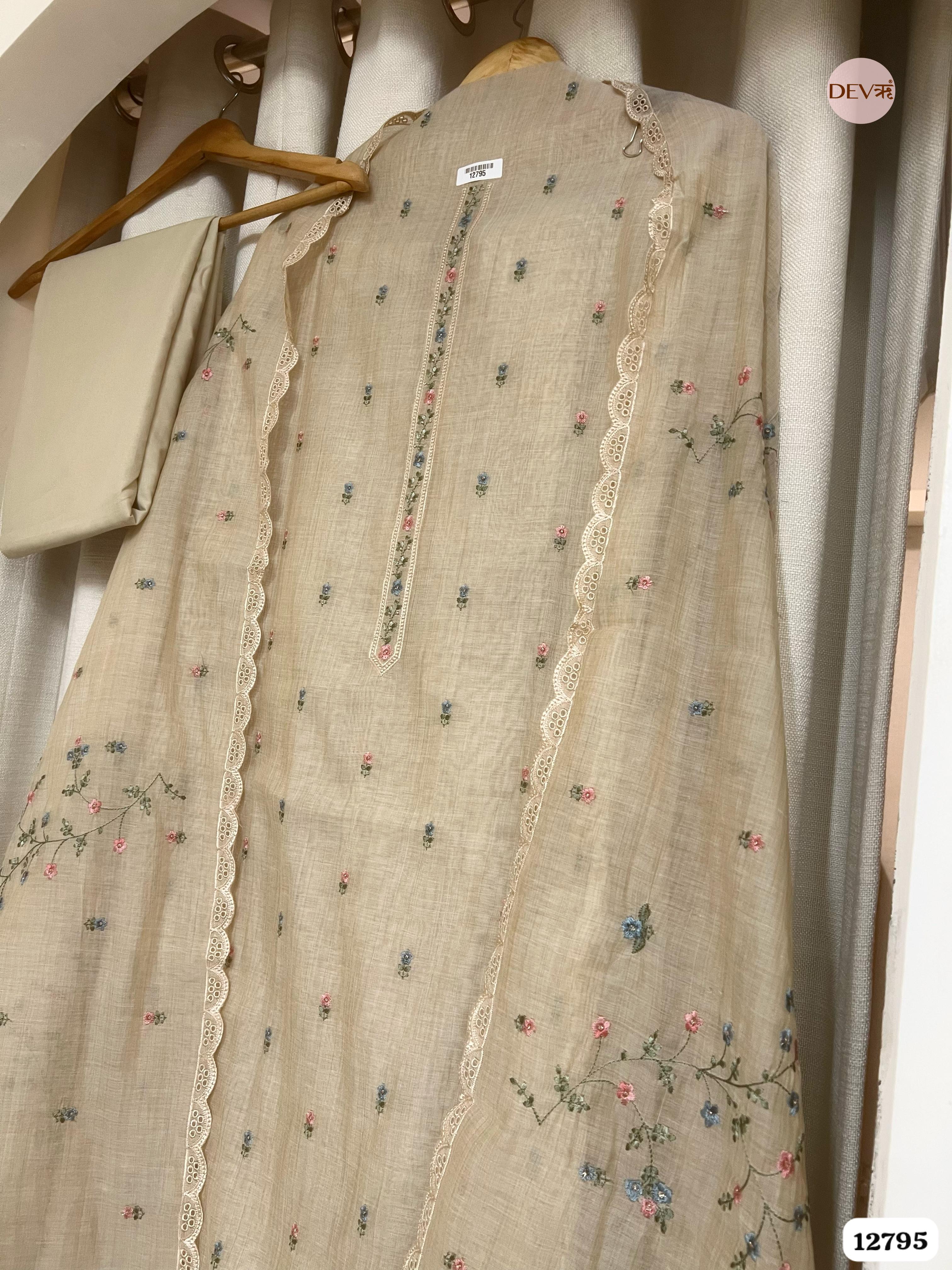 Beige Mul Chanderi Printed Unstitched 3-Piece Suit (Devri – D.No 12795)