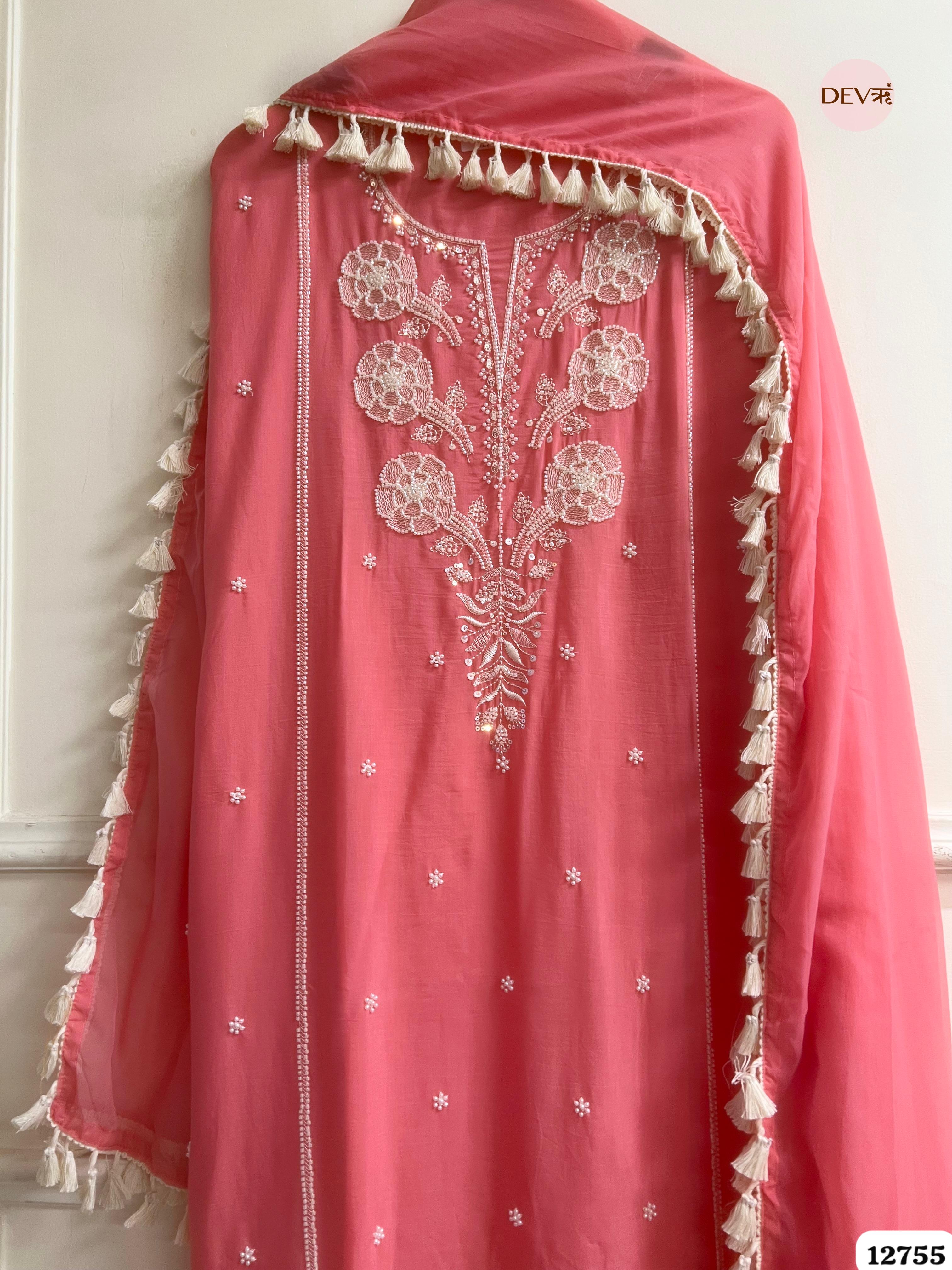 Coral Pink Mul Cotton Embroidered Unstitched 3-Piece Suit (Devri – D.No 12755)