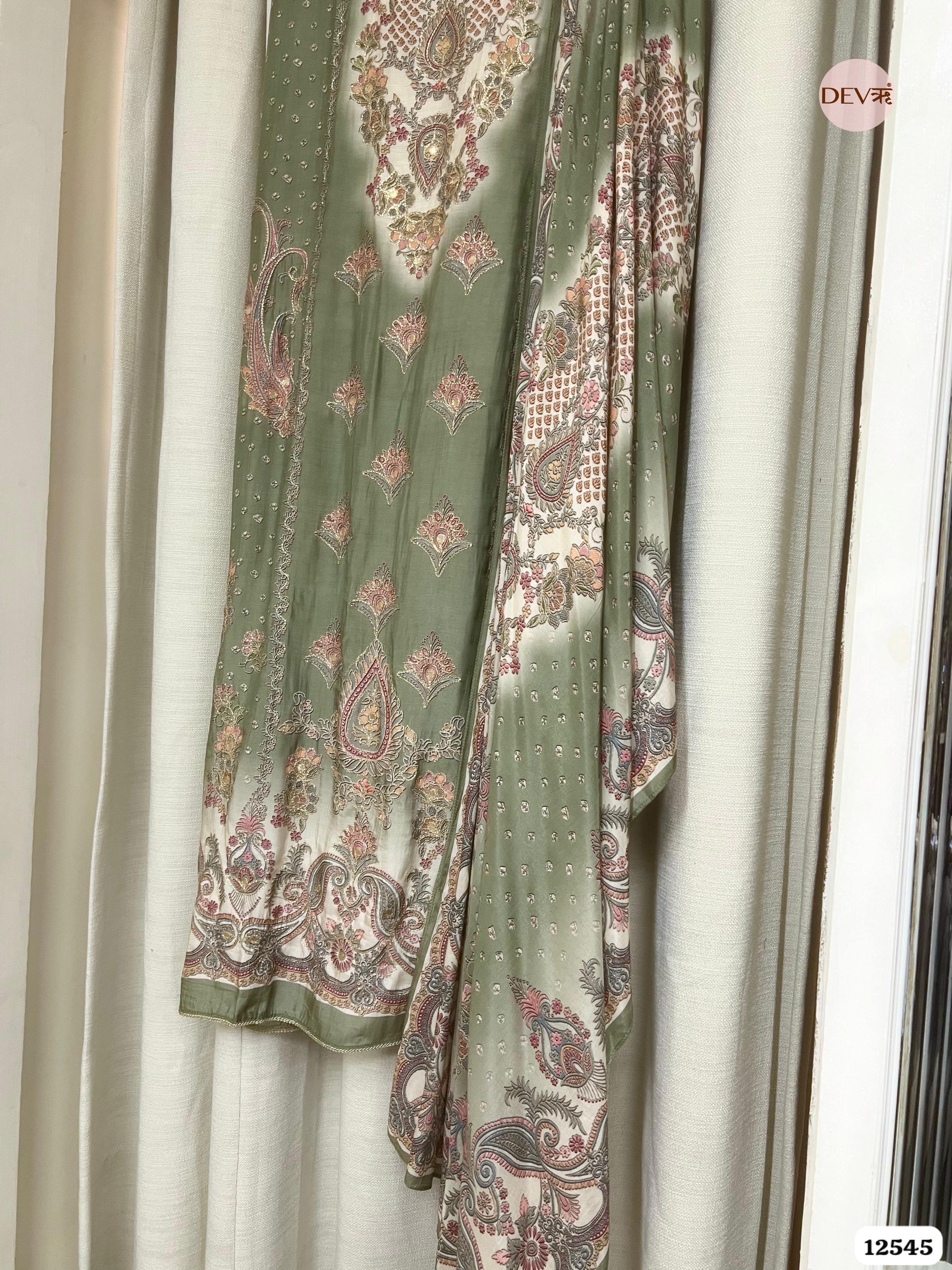 Olive Green Muslin Embroidered Unstitched 3-Piece Suit (Devri – D.No 12545)