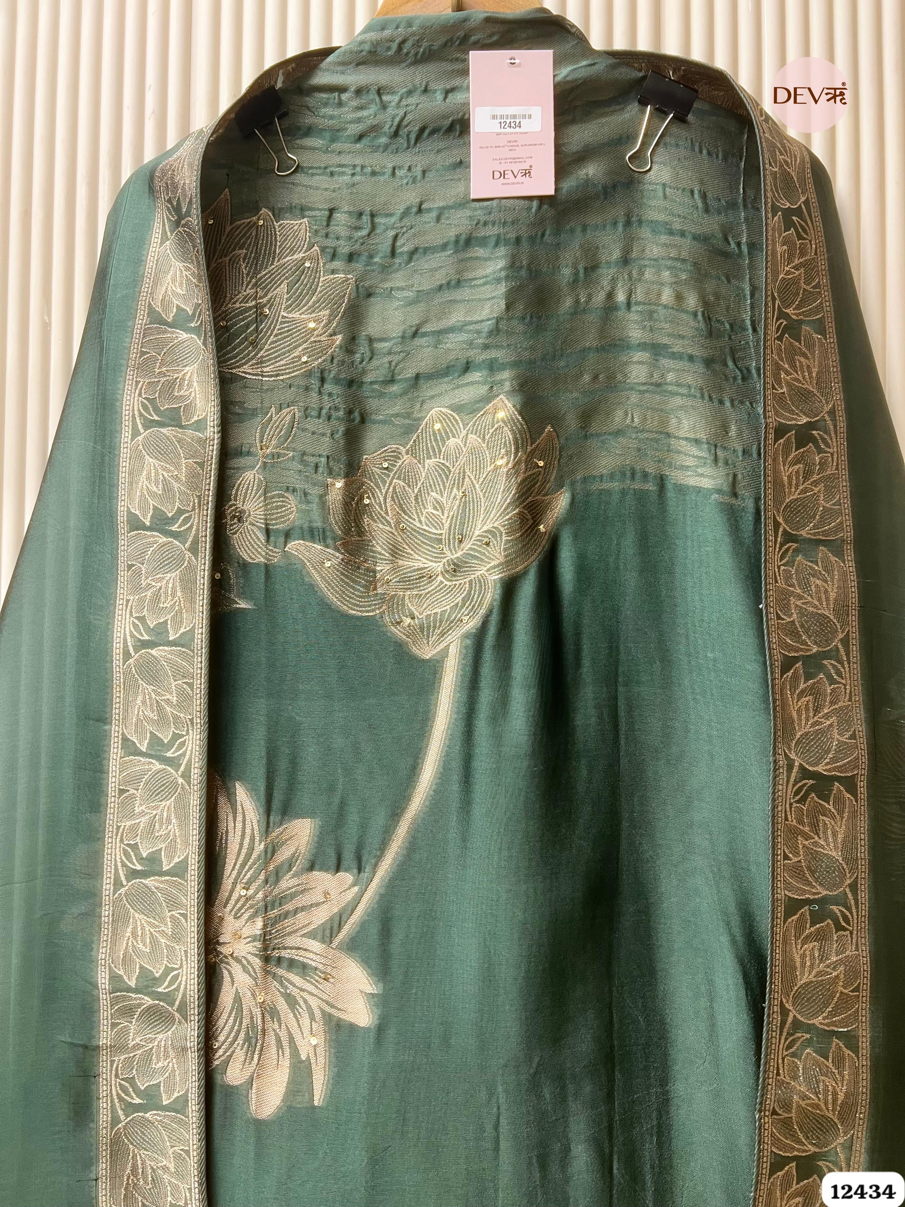 Deep Teal Banarasi Silk Embroidered Unstitched 3-Piece Suit (Devri – D.No. 12434 )