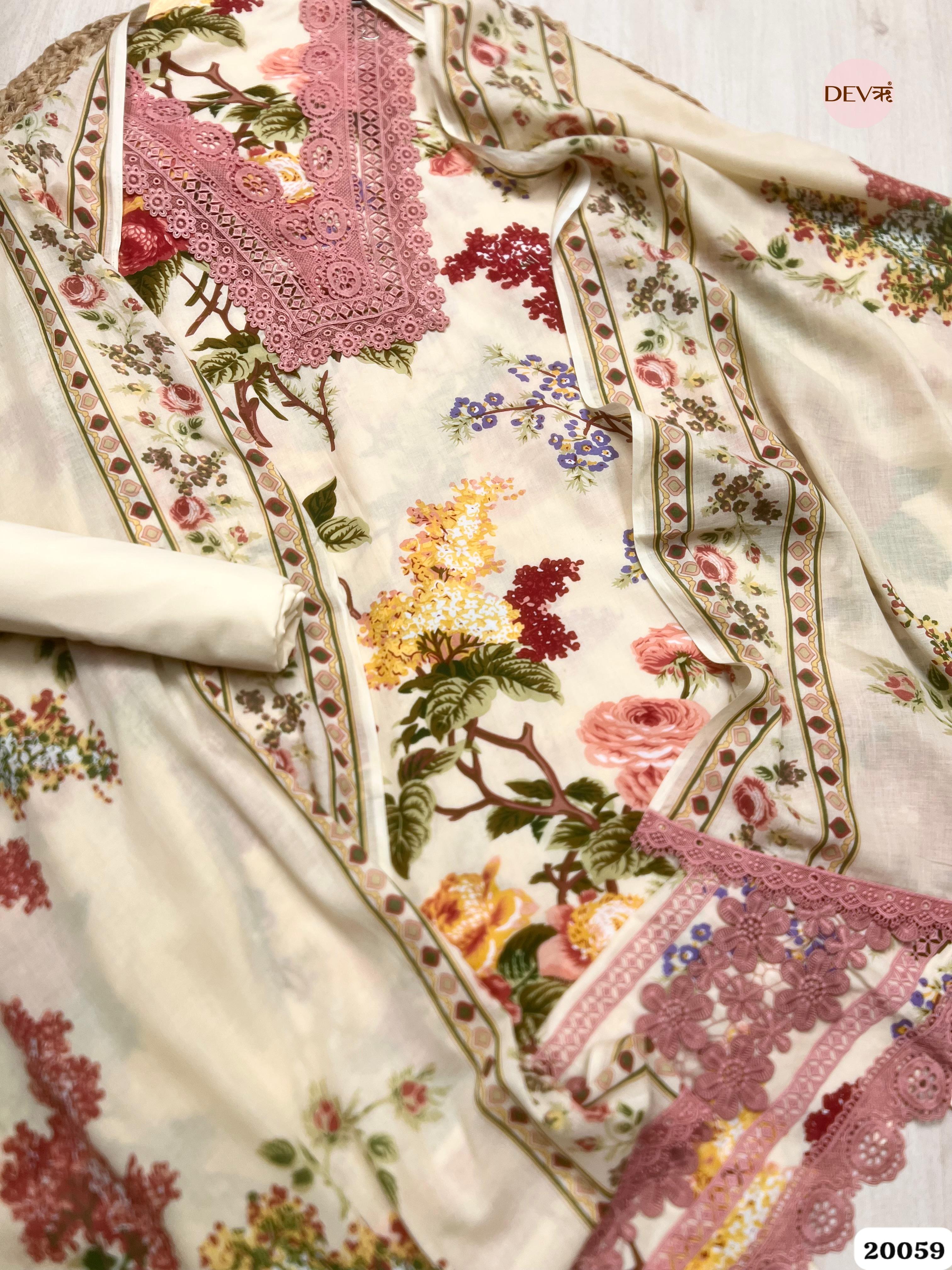 Ivory Cotton Printed Unstitched 3-Piece Suit (Devri – D.No. 20059)