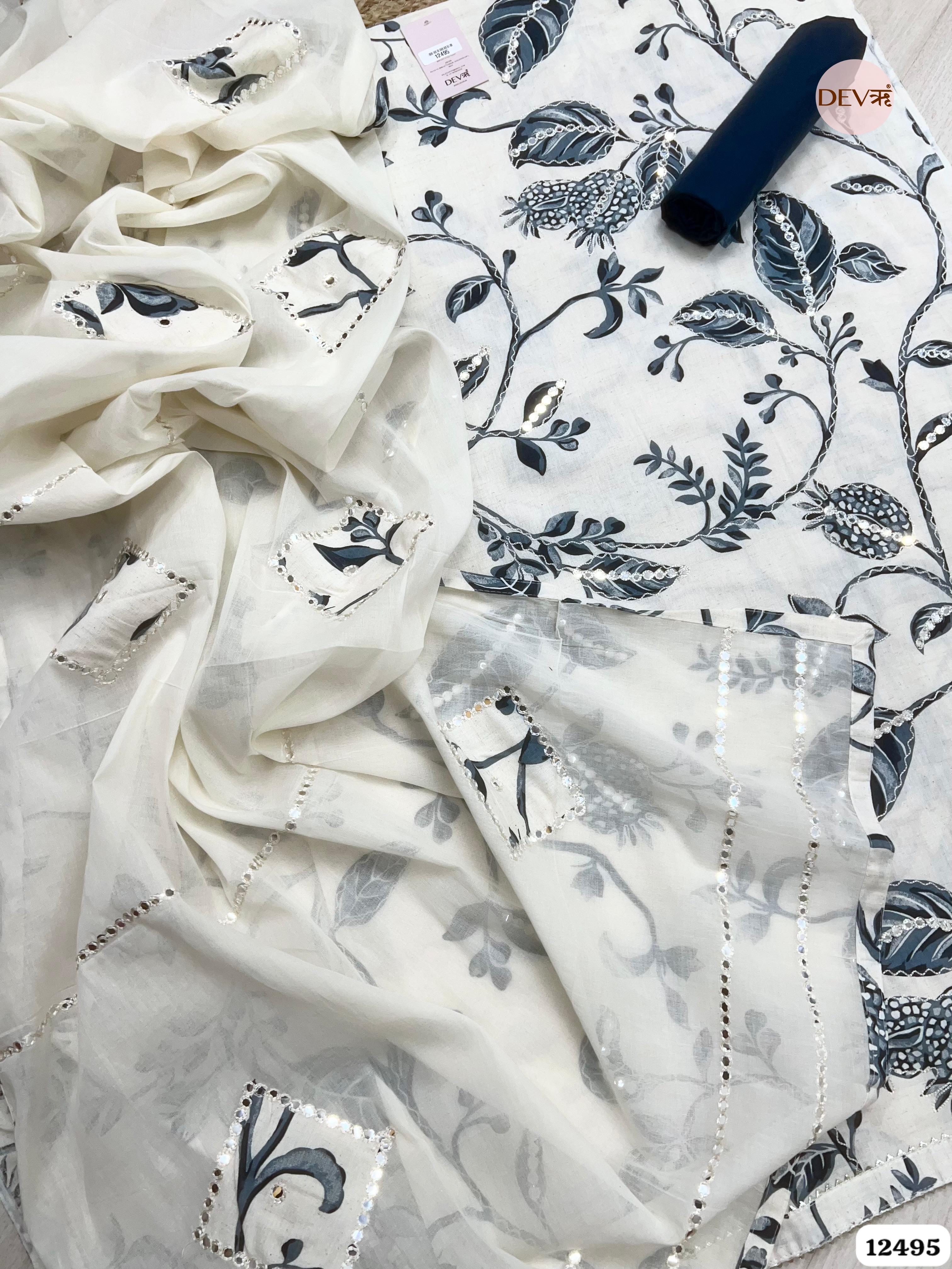 Ivory & Slate Blue Pure Cotton Printed Unstitched 3-Piece Suit (Devri – D.No. 12495)