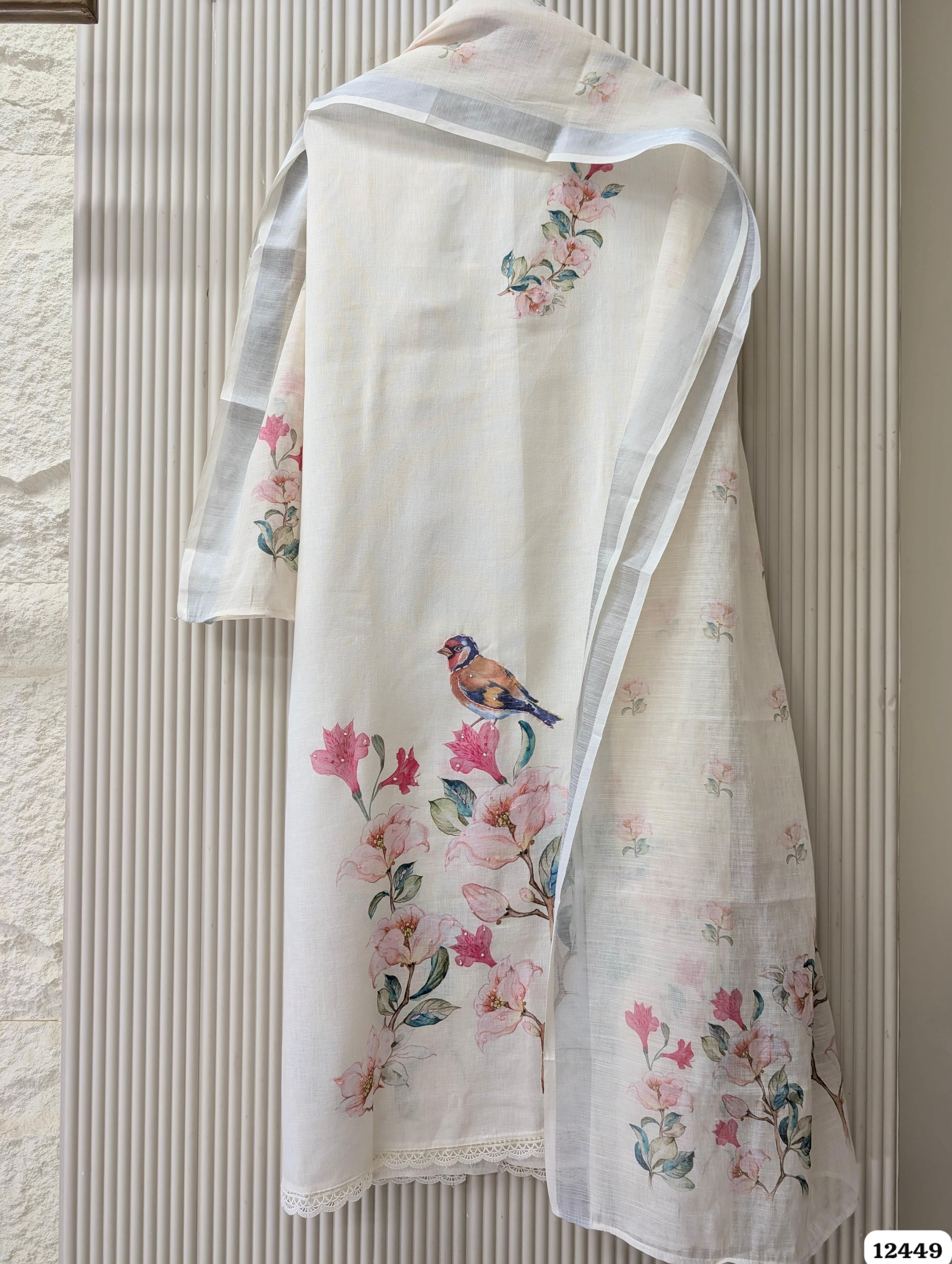 Off-White Linen Cotton Printed Unstitched 3-Piece Suit (Devri – D.No. 12449)