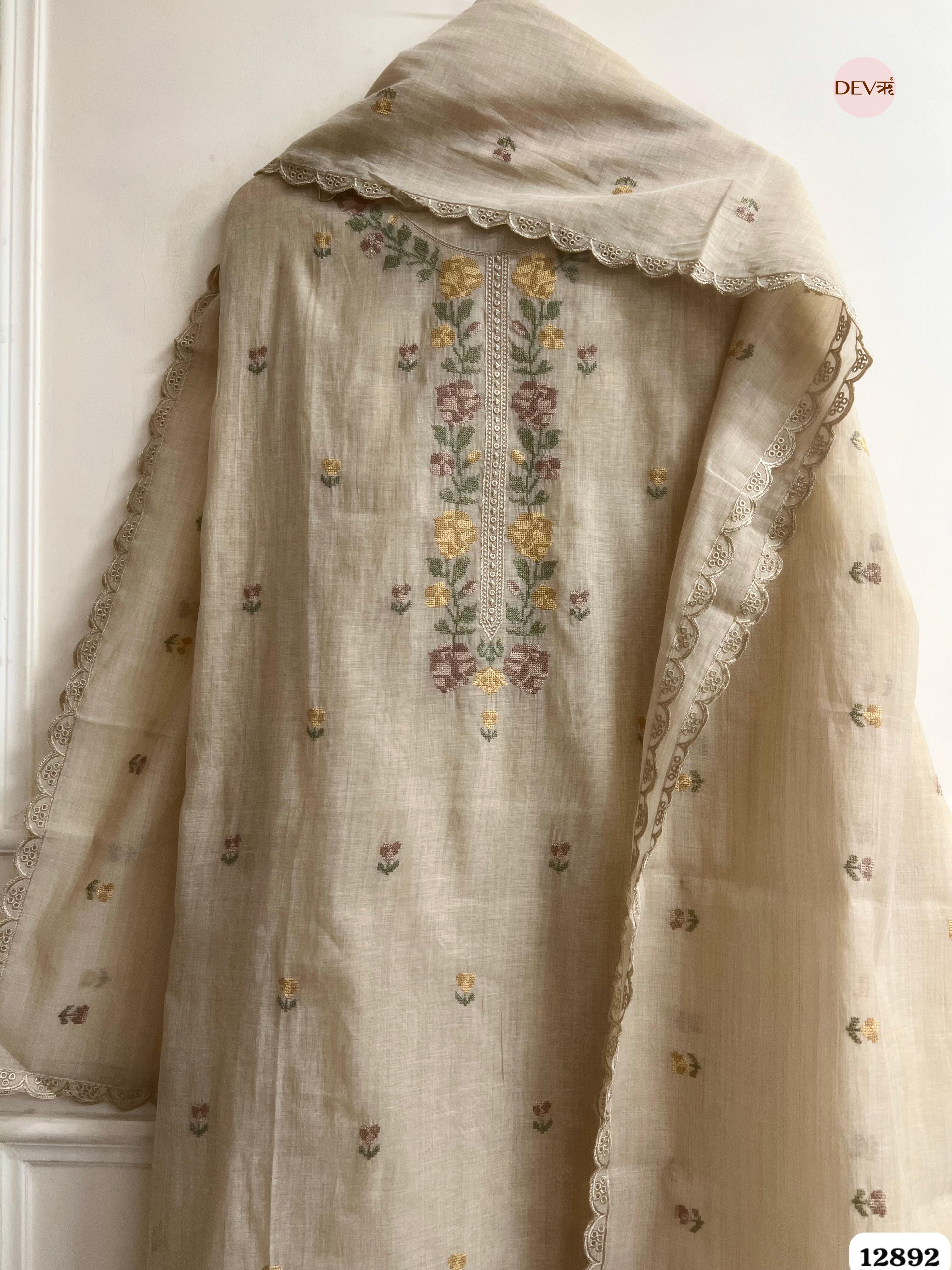 Beige Mul Chanderi Embroidered Unstitched 3-Piece Suit (Devri – D.No 12892)