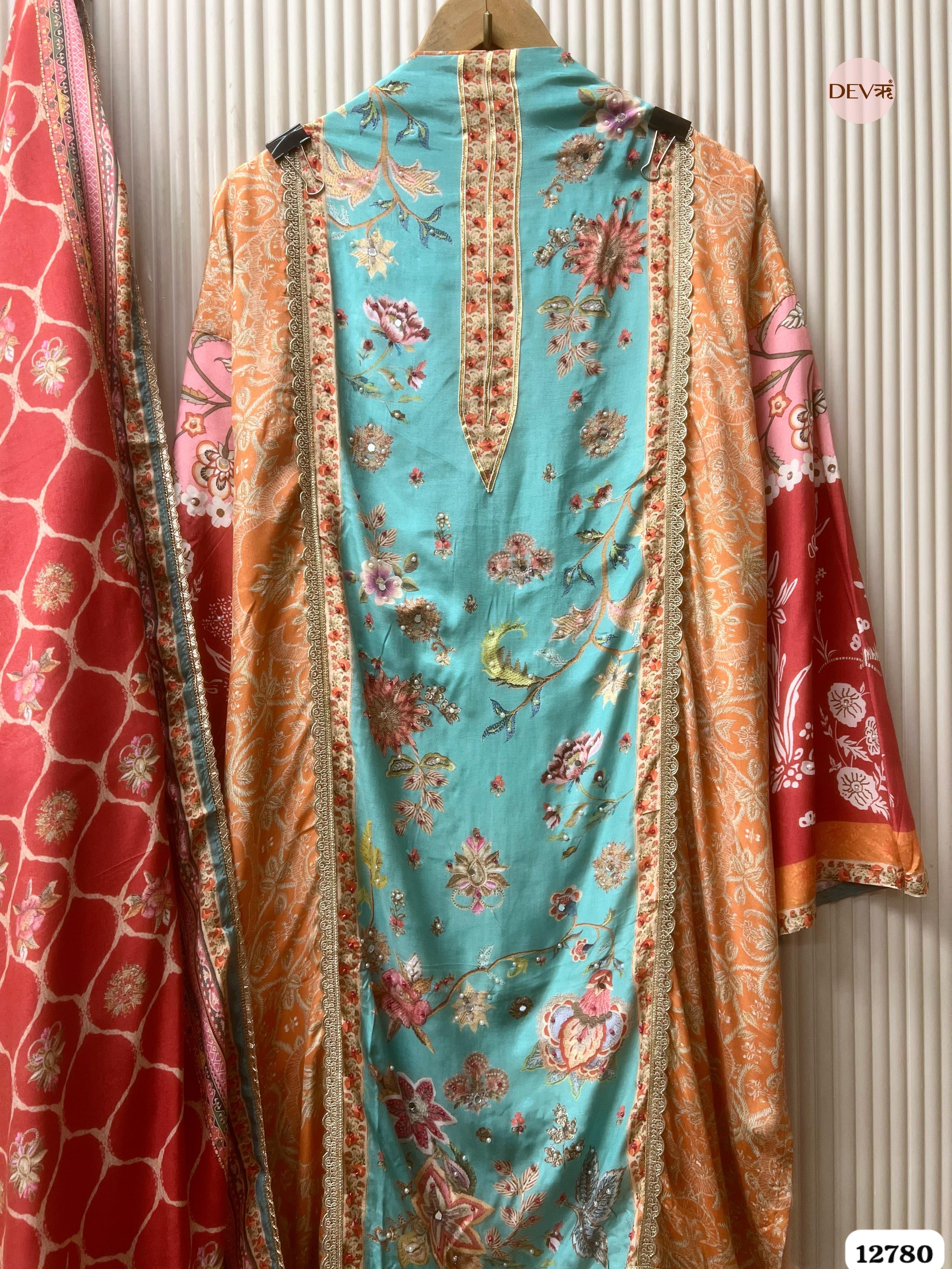 Aqua Muslin Printed Unstitched 3-Piece Suit (Devri – D.No 12780)