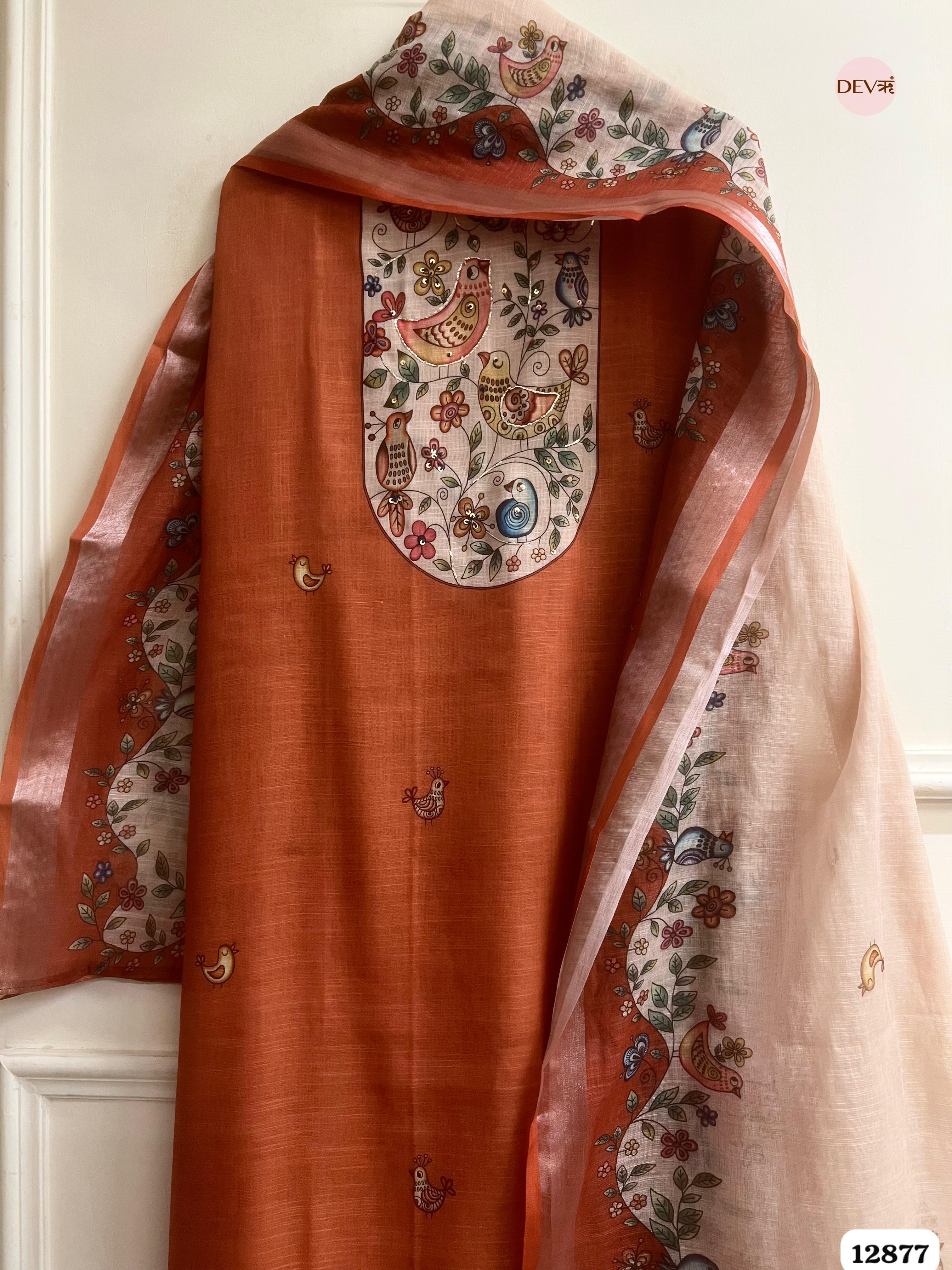 Rust Orange Linen Cotton Printed Unstitched 3-Piece Suit (Devri – D.No 12877)
