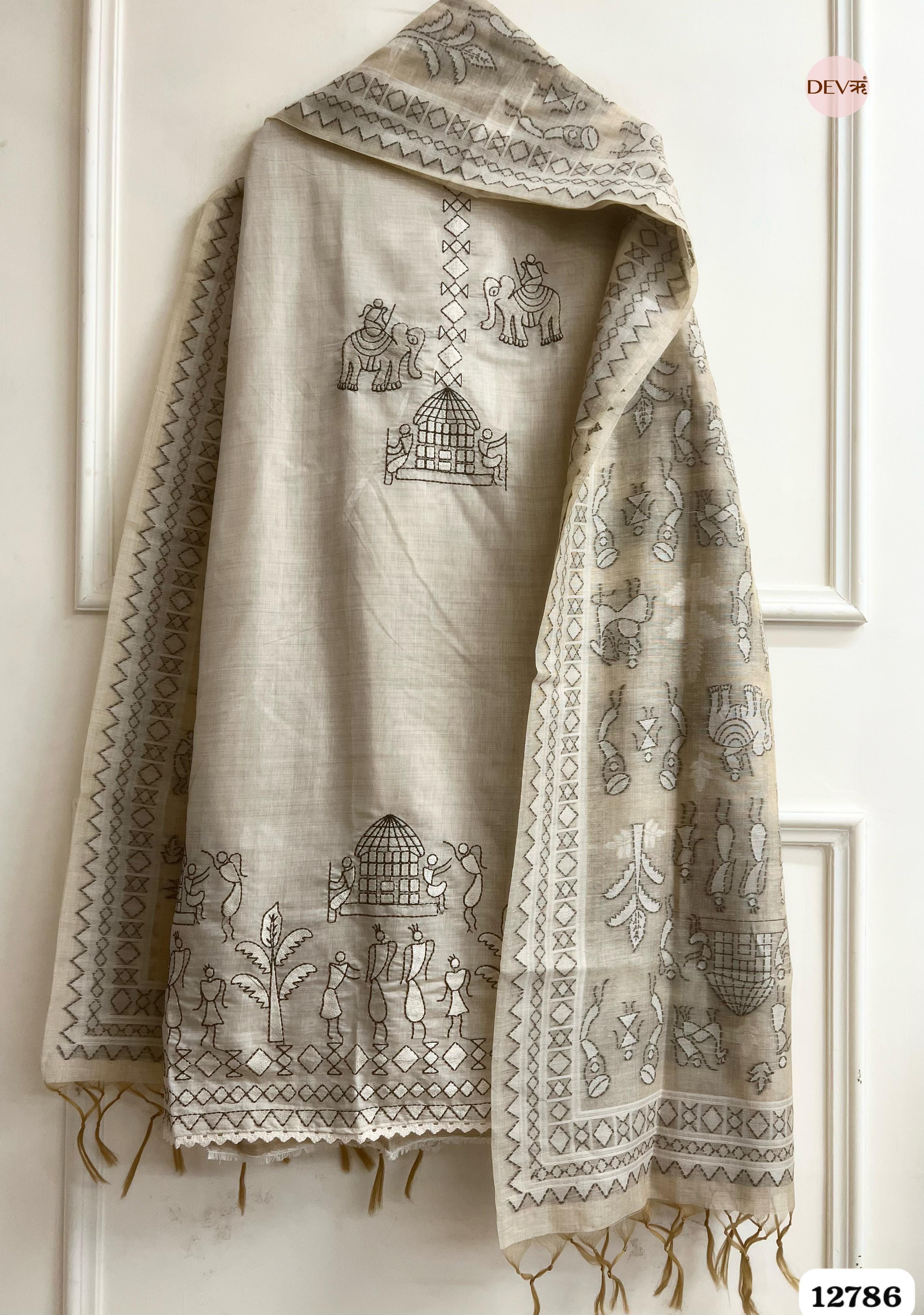 Beige Mul Chanderi Printed Unstitched 3-Piece Suit (Devri – D.No 12786)