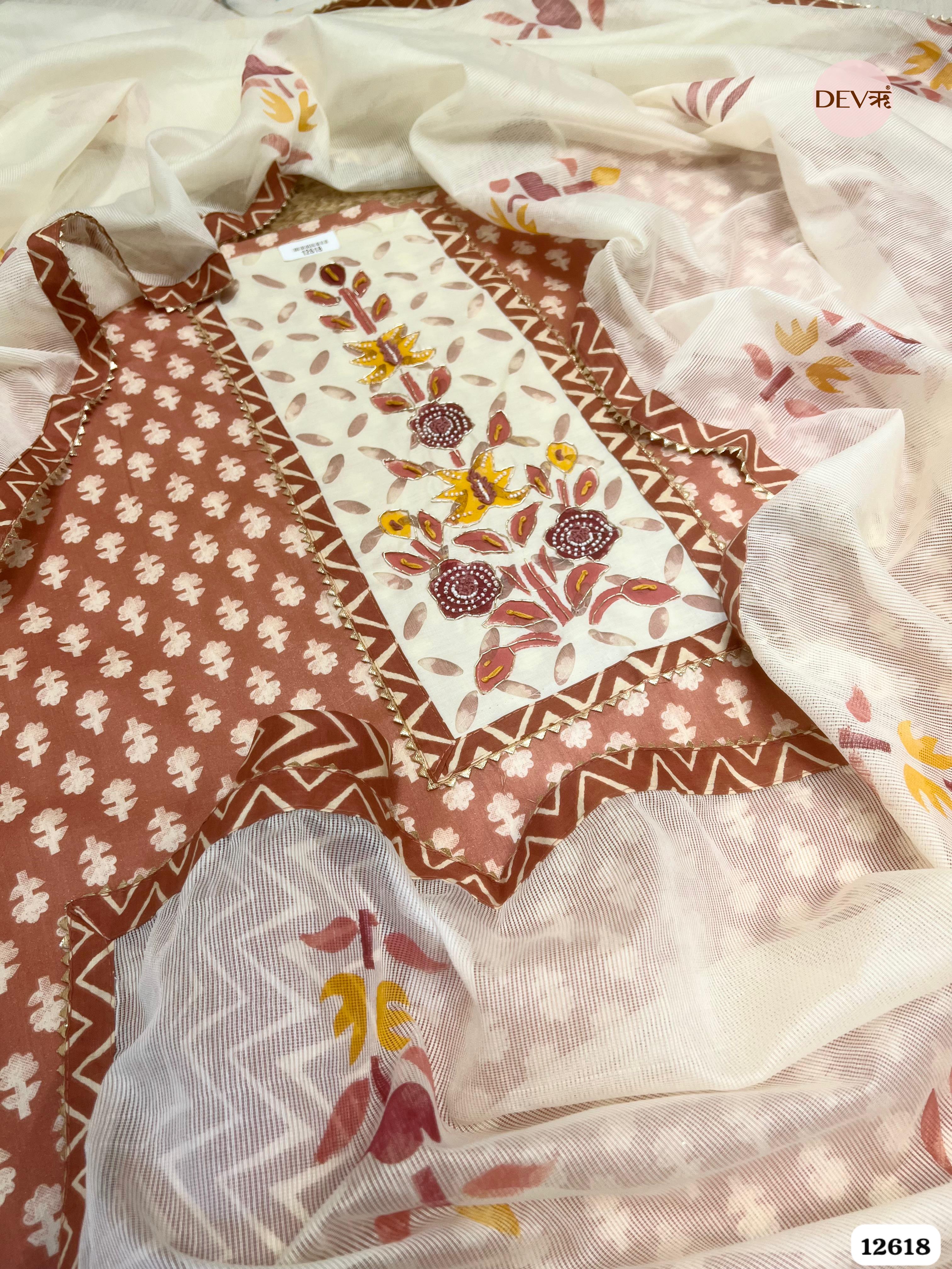 Rust & White Cotton Printed Unstitched 3-Piece Suit (Devri – D.No 12618)