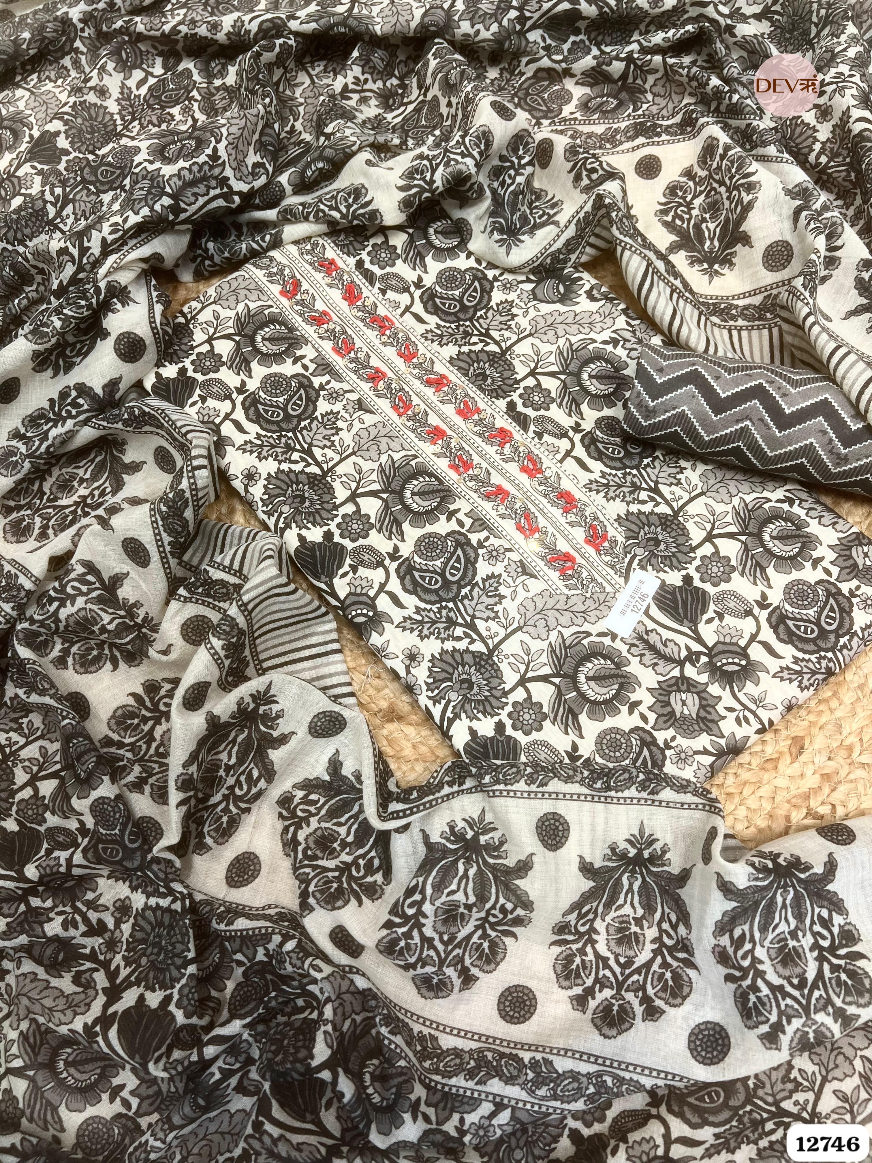 Black Cotton Printed Unstitched 3-Piece Suit (Devri – D.No 12746)