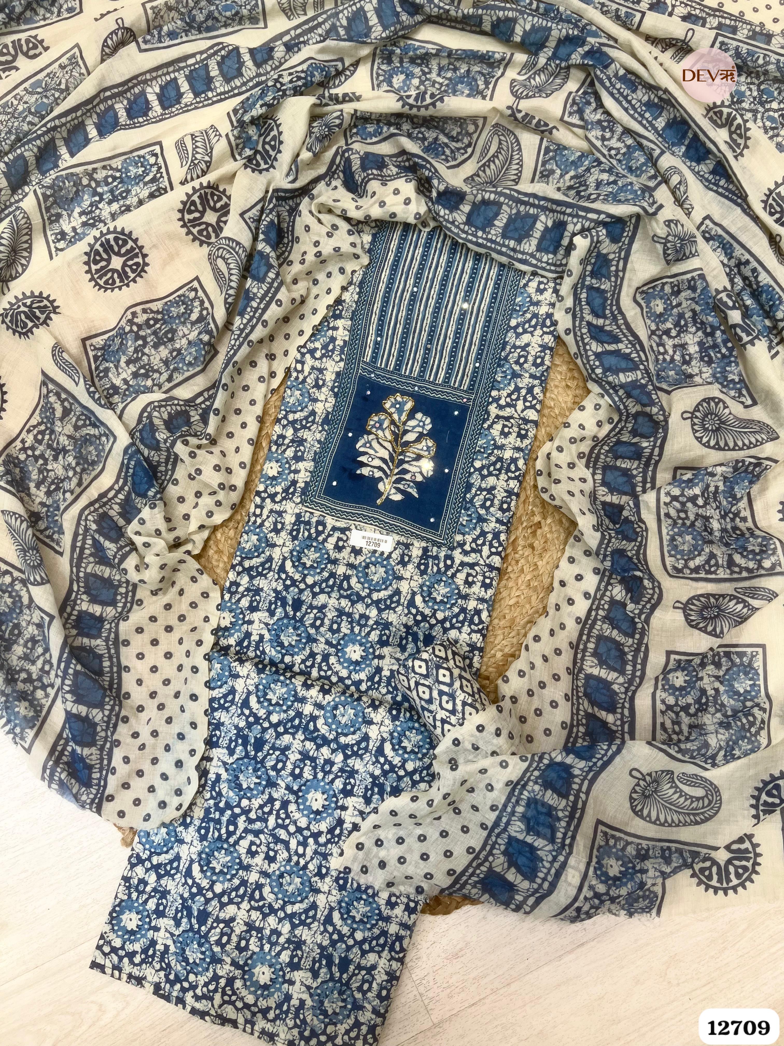 Indigo Blue Cotton Printed Unstitched 3-Piece Suit (Devri – D.No 12709)