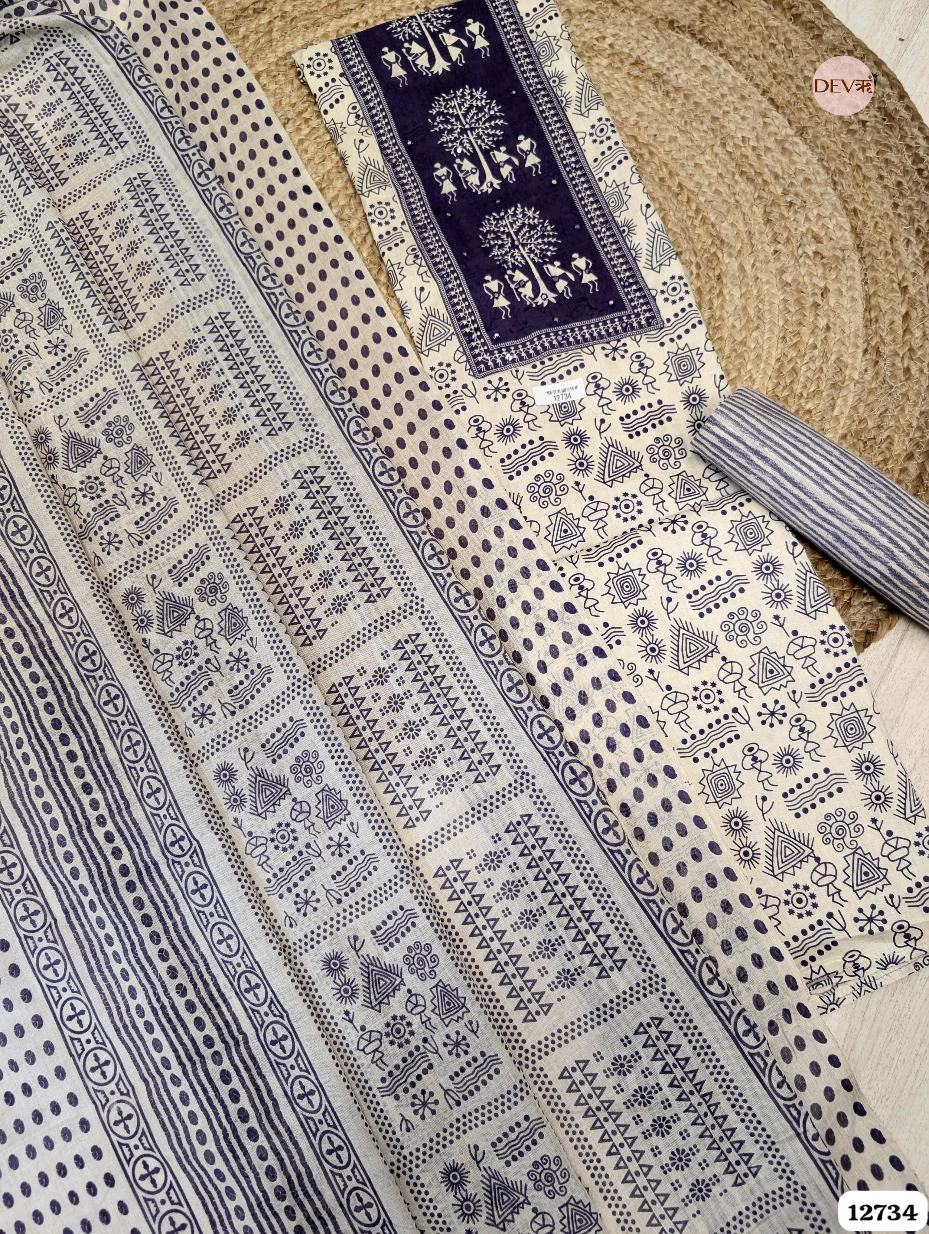 Navy and Ivory Cotton Printed Unstitched 3-Piece Suit (Devri – D.No 12734)