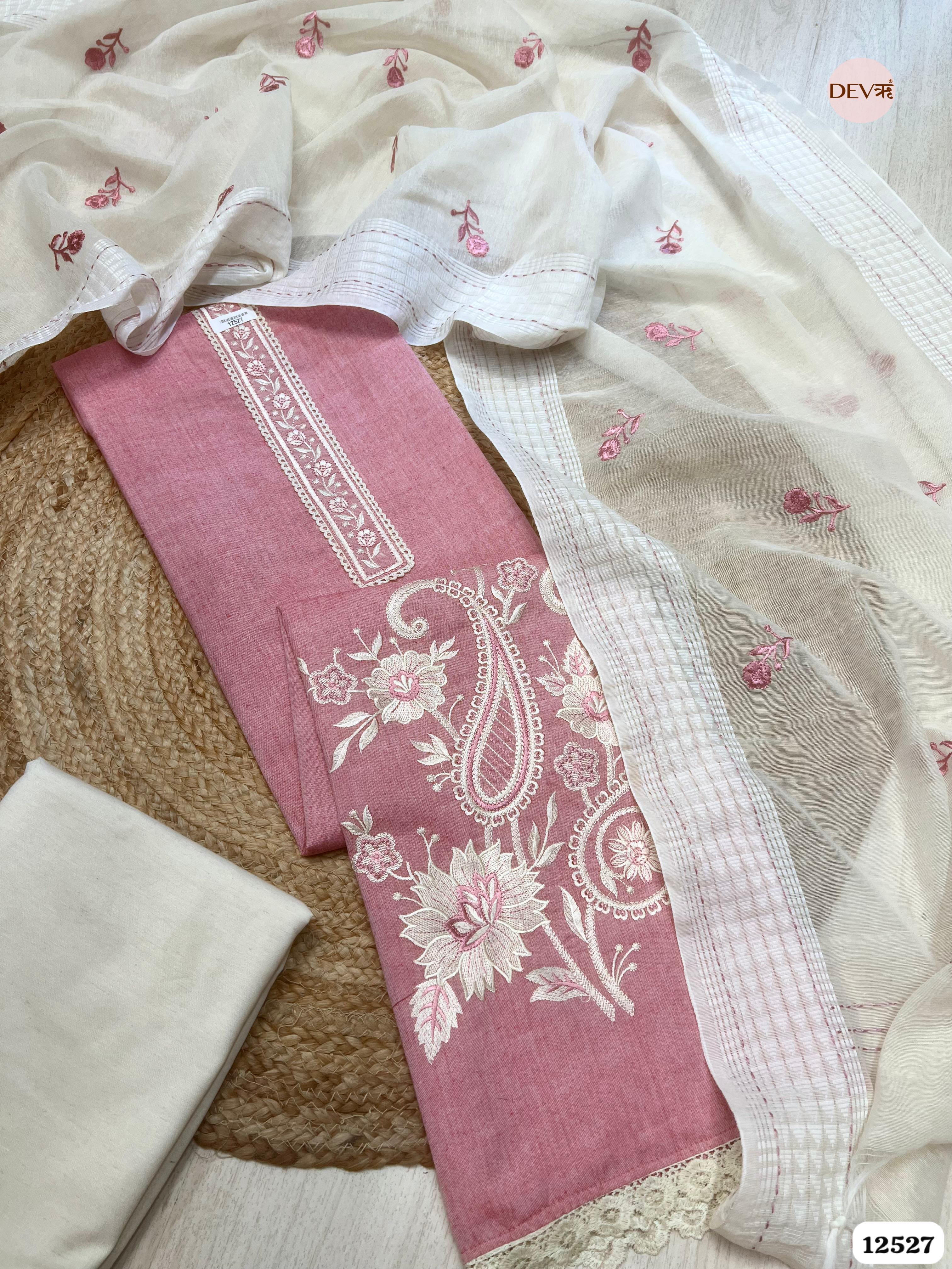 Dusty Rose Handloom Cotton Embroidered Unstitched 3-Piece Suit (Devri – D.No 12527)