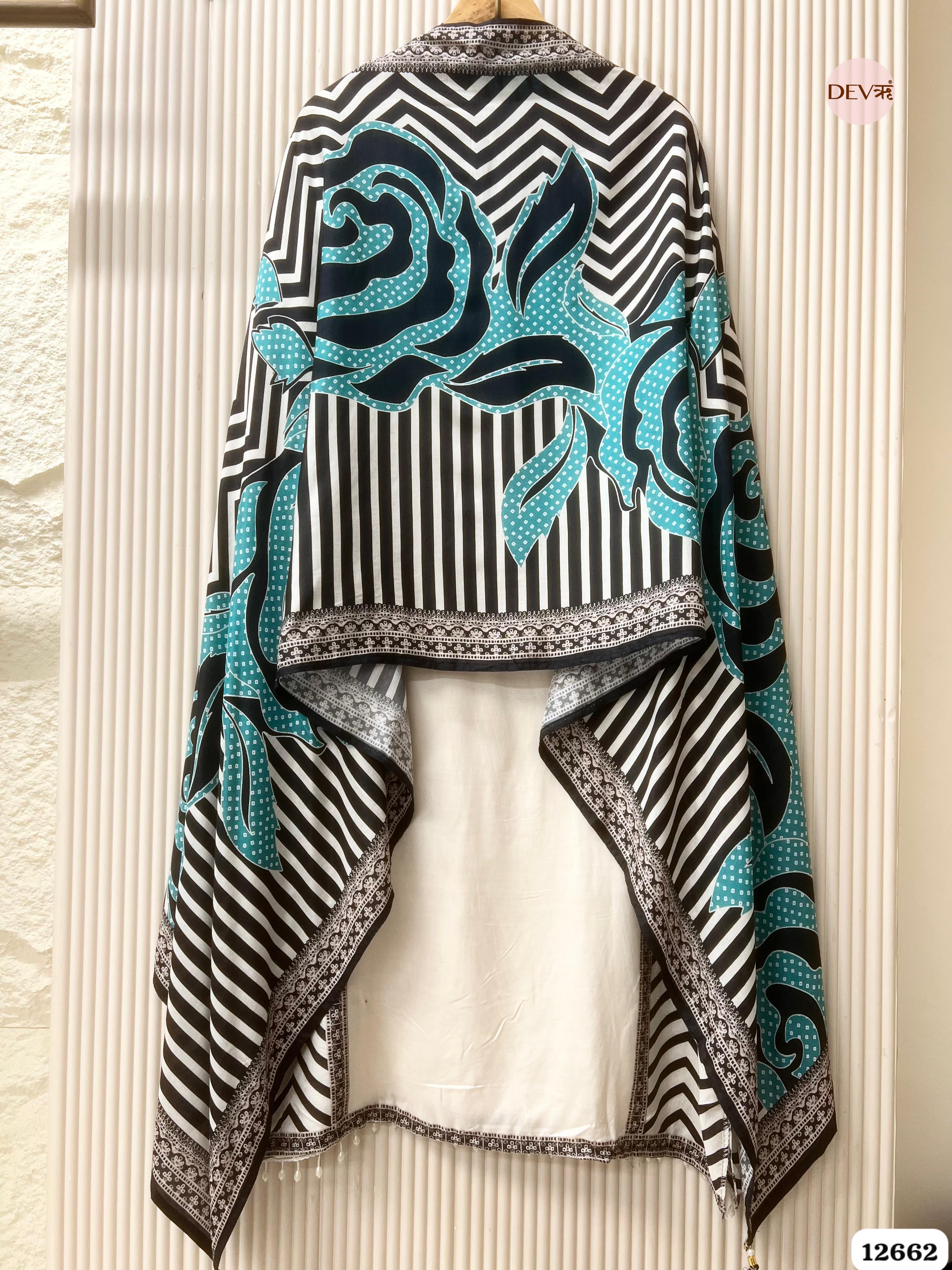 Ivory & Teal Muslin Printed Unstitched 3-Piece Suit (Devri – D.No . 12662)