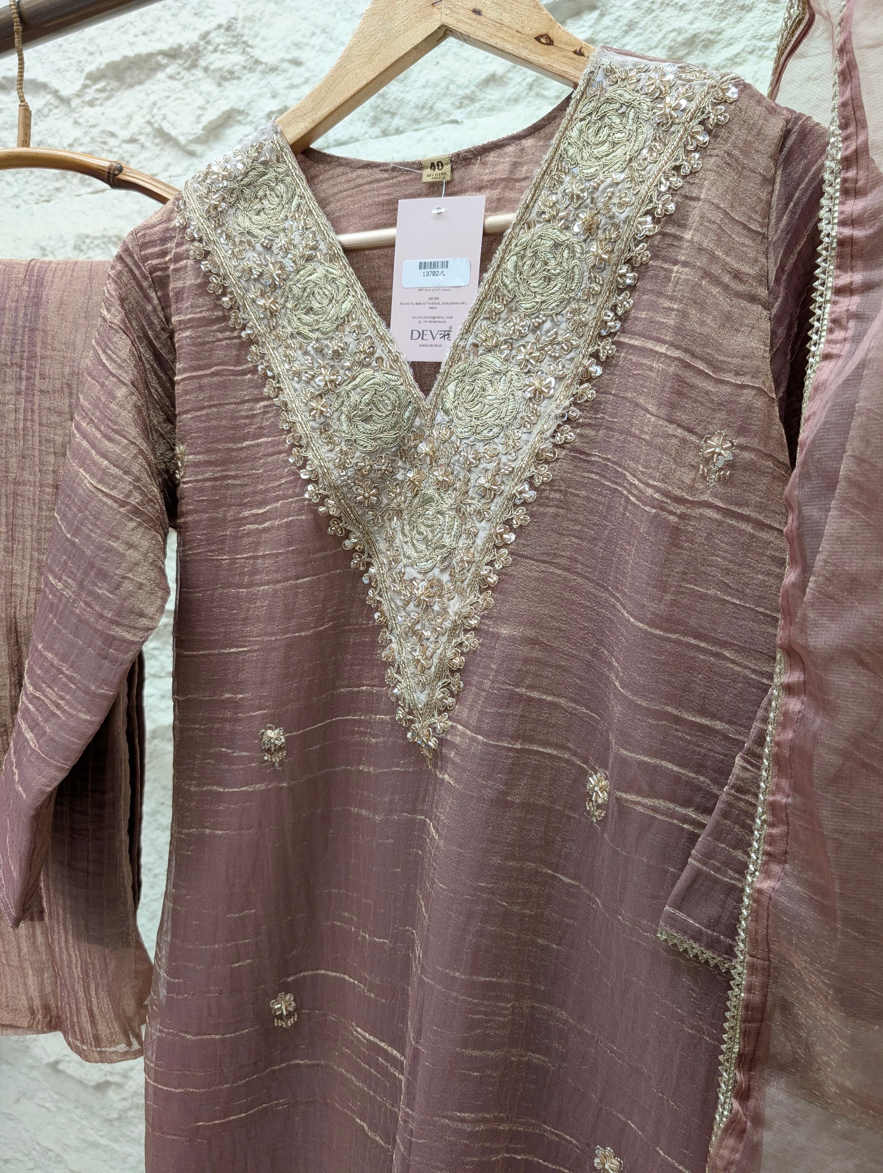 Gulnaar Tissue silk Embroidered Mauve 3-Piece Set (Devri – D.No 13702)