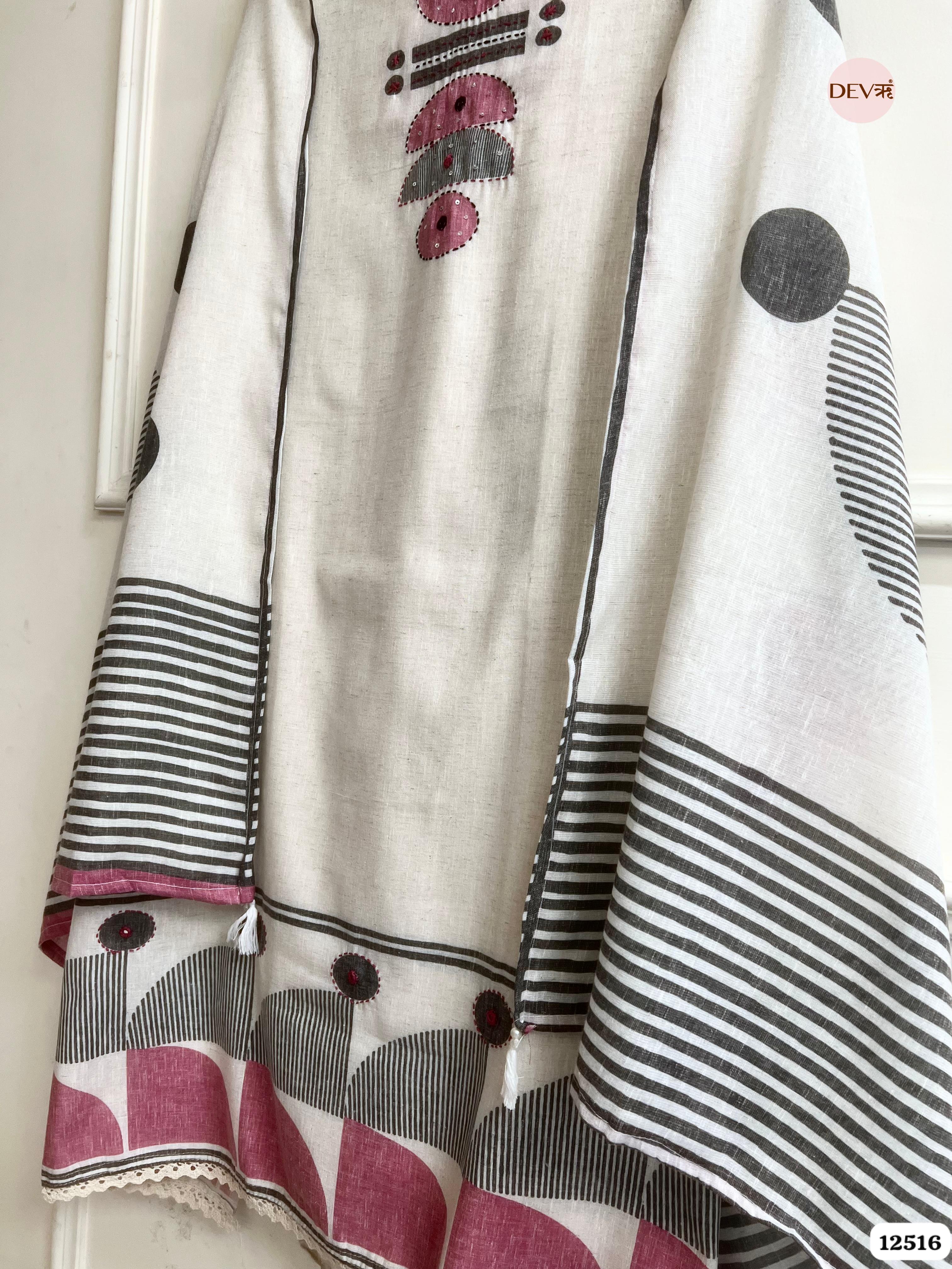 Ivory Linen Cotton Printed Unstitched 3-Piece Suit (Devri – D.No . 12516)
