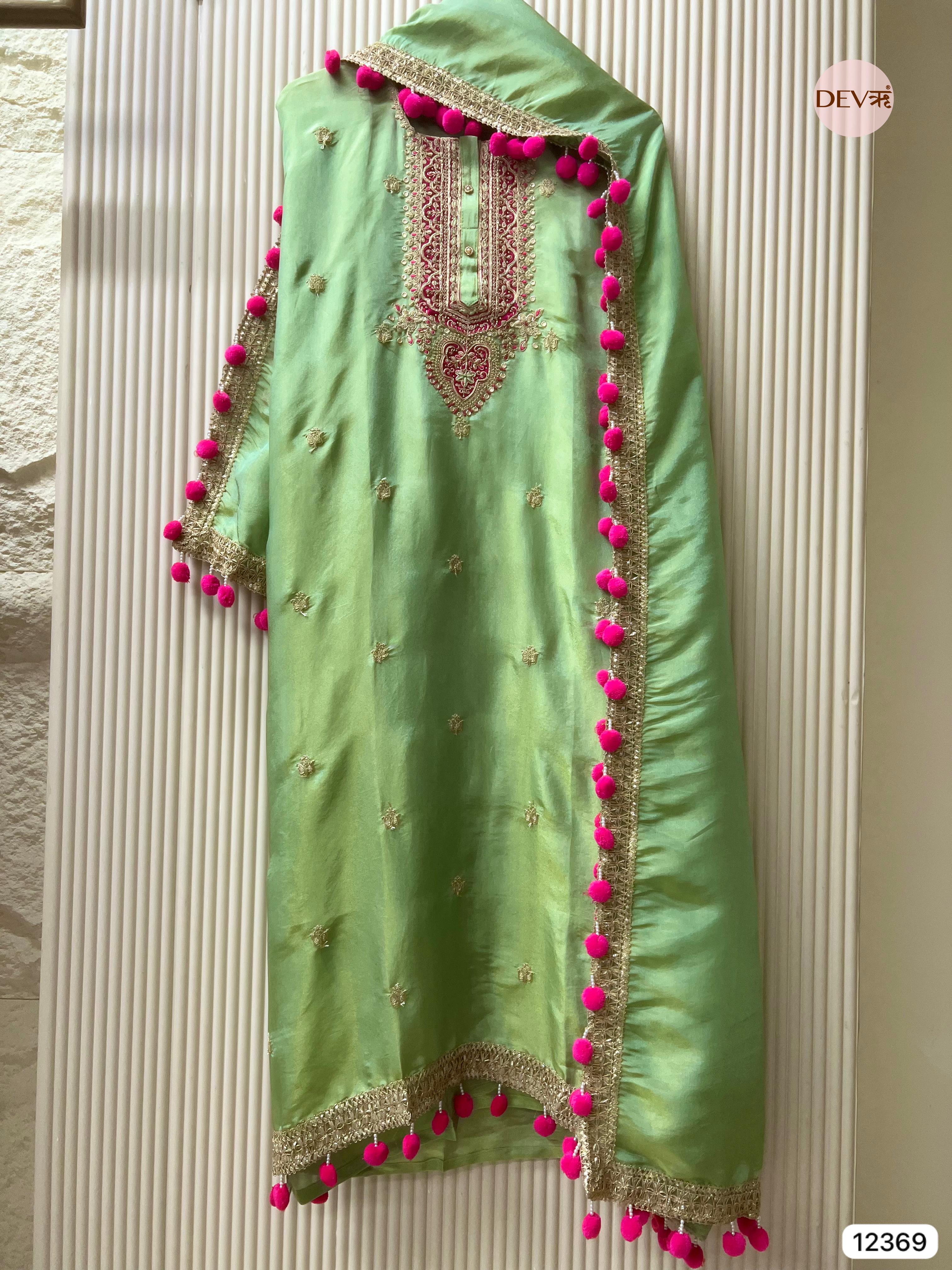 Mint Green Shimmer Silk Hand Embroidered Unstitched 3-Piece Suit (Devri – D.No 12369)