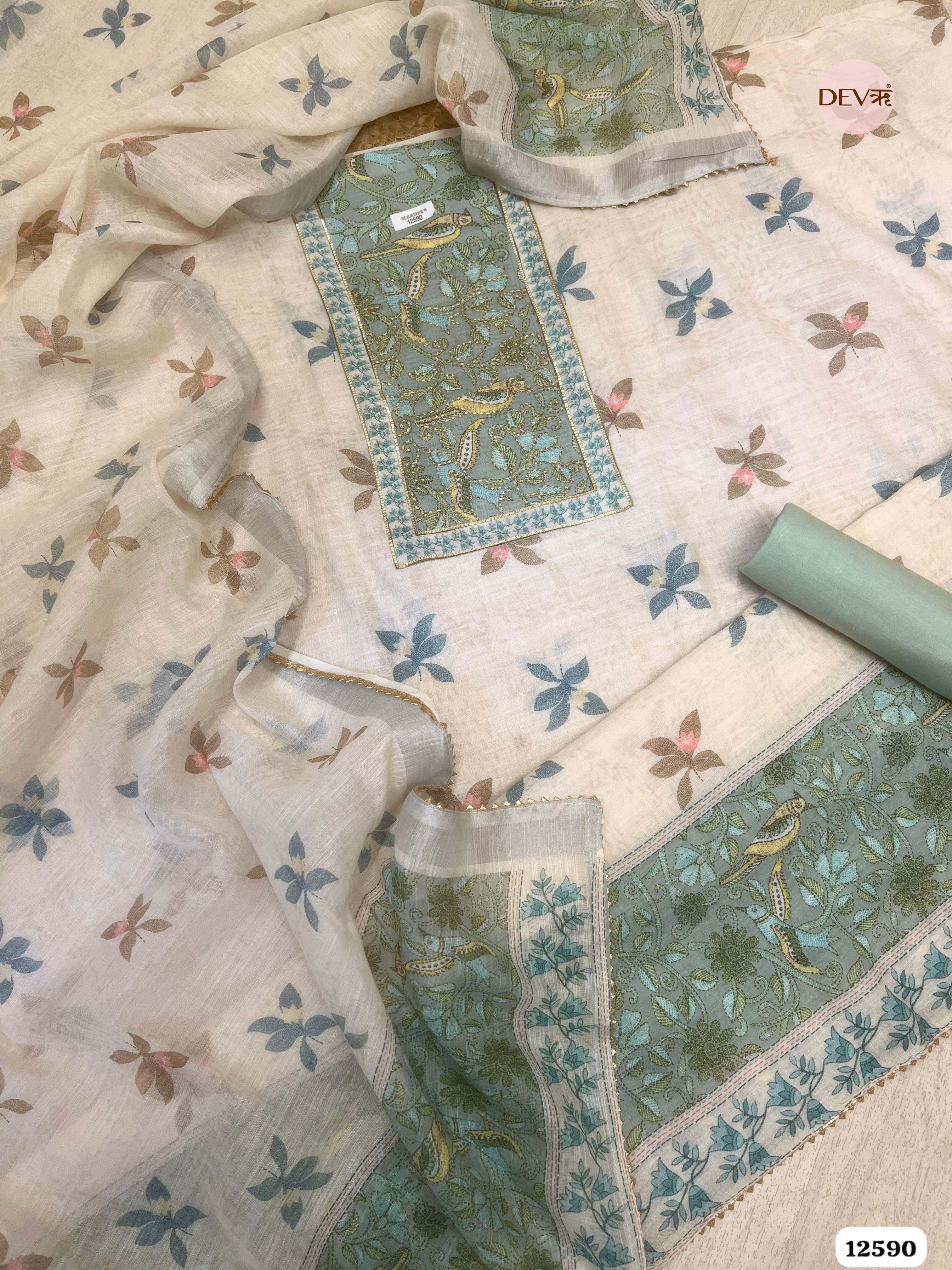 Sea Green Linen Cotton Embroidered Unstitched 3-Piece Suit (Devri – D.No 12590)