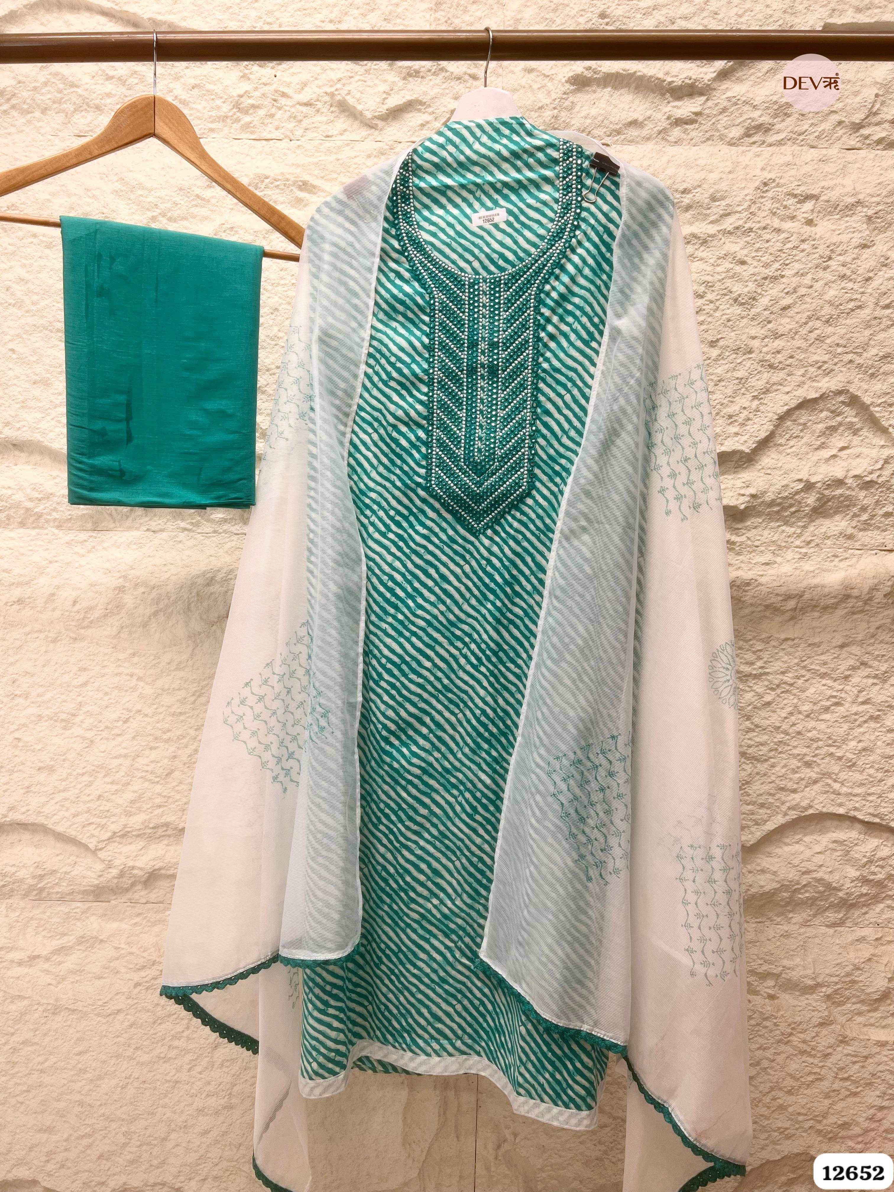 Teal Green Cotton Printed & Embroidered Unstitched 3-Piece Suit (Devri – D.No. 12652)