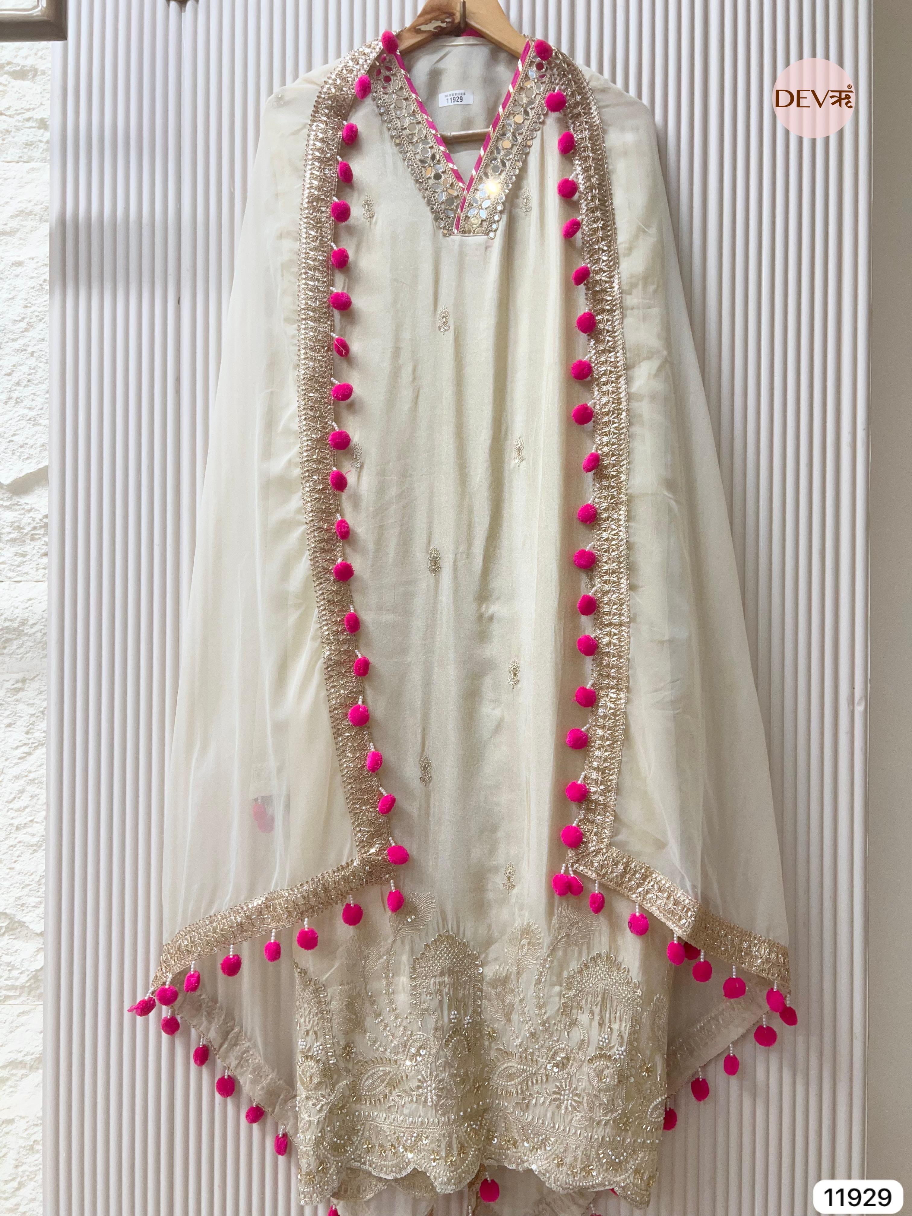 Ivory Shimmer Silk Embroidered Unstitched 3-Piece Suit (Devri – D.No 11929)