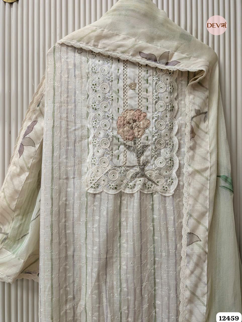 Sage Green & Beige Pure Linen Embroidered Unstitched 3-Piece Suit (Devri – D.No 12459)