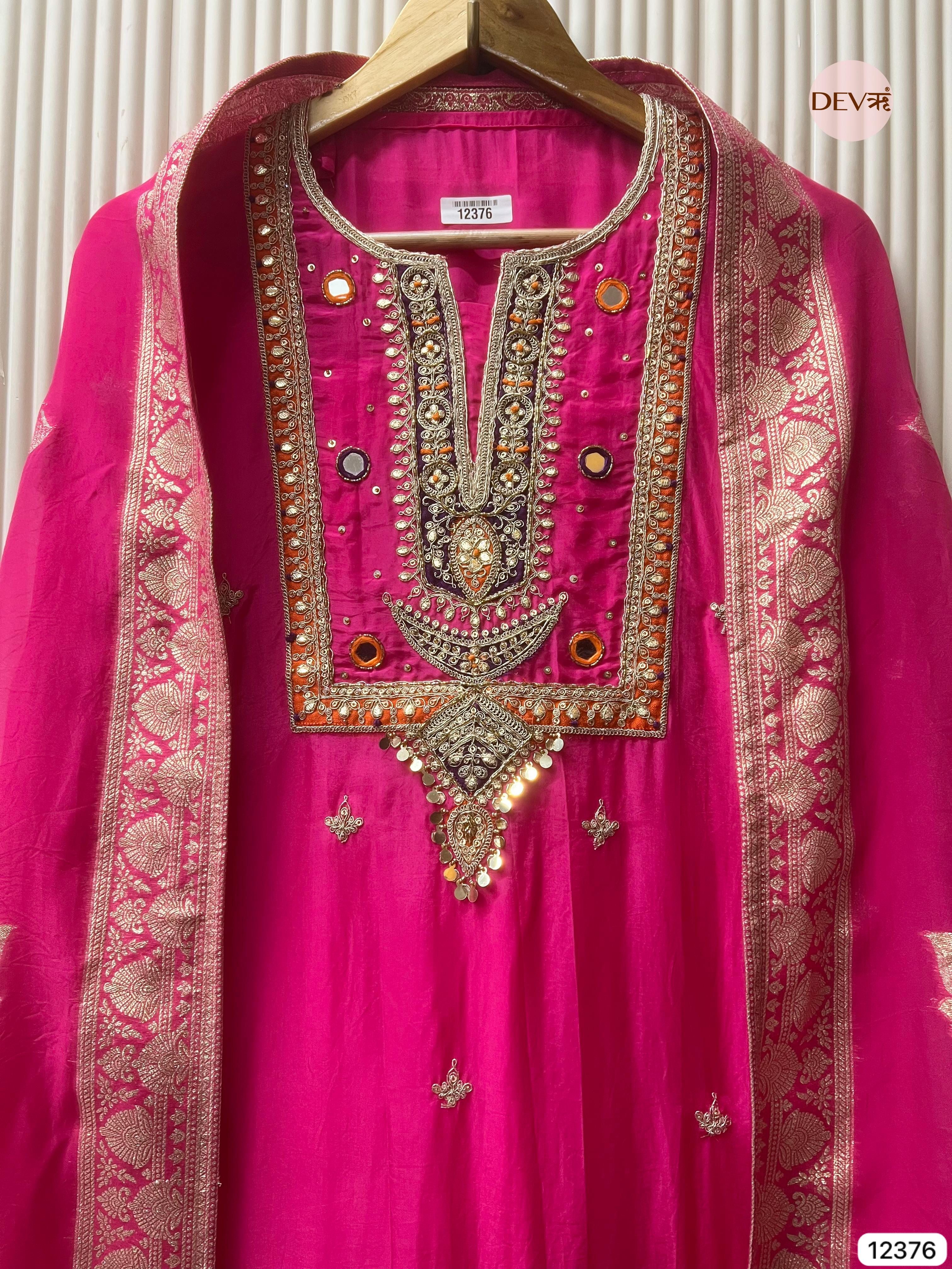 Rani Pink Organza Silk Embroidered Unstitched 3-Piece Suit (Devri – D.No 12376)