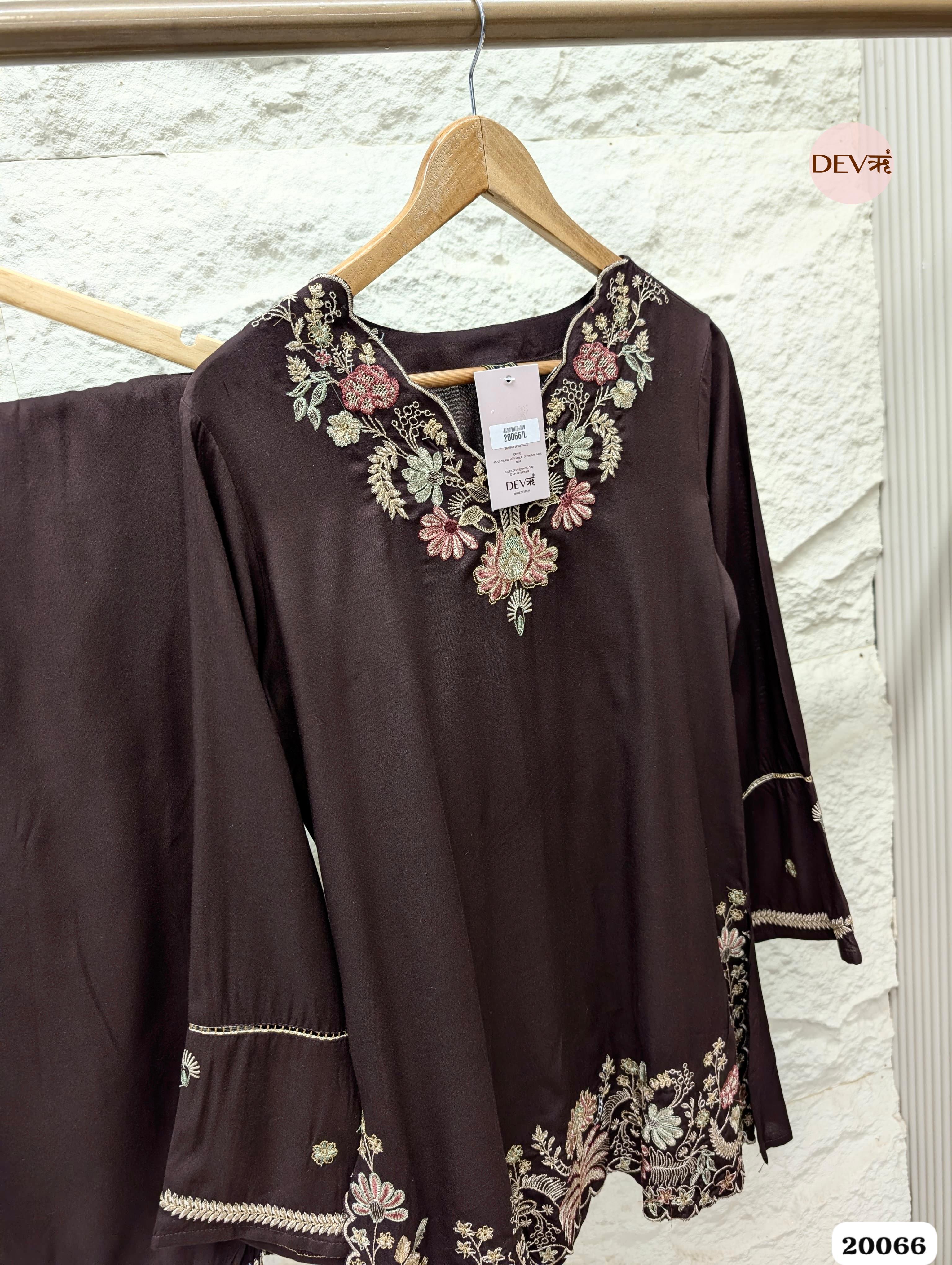 Vasundhara German Reyon Embroidered Brown 2-Piece Set (Devri – D.No 20066)