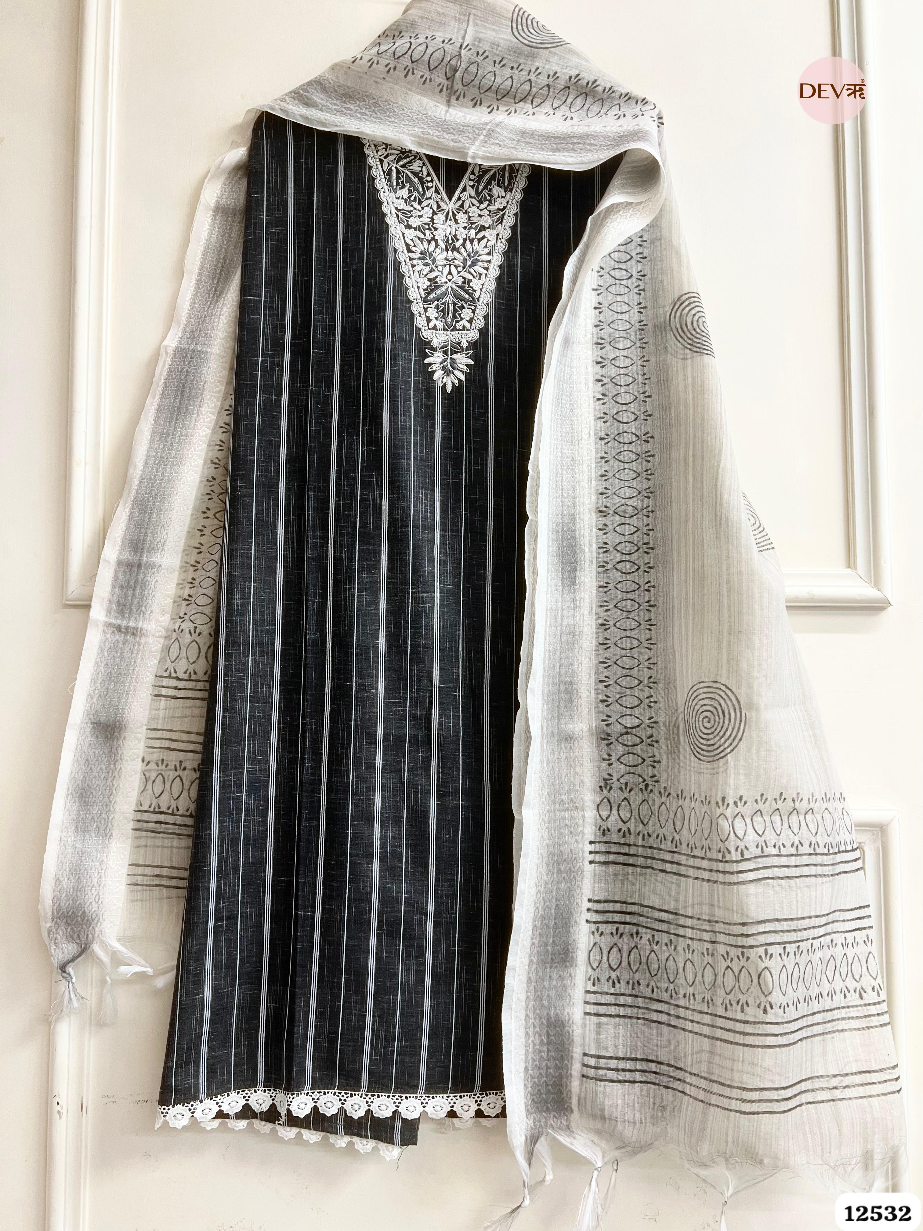 Black Handloom Cotton Embroidered Unstitched 3-Piece Suit (Devri – D.No. 12532)
