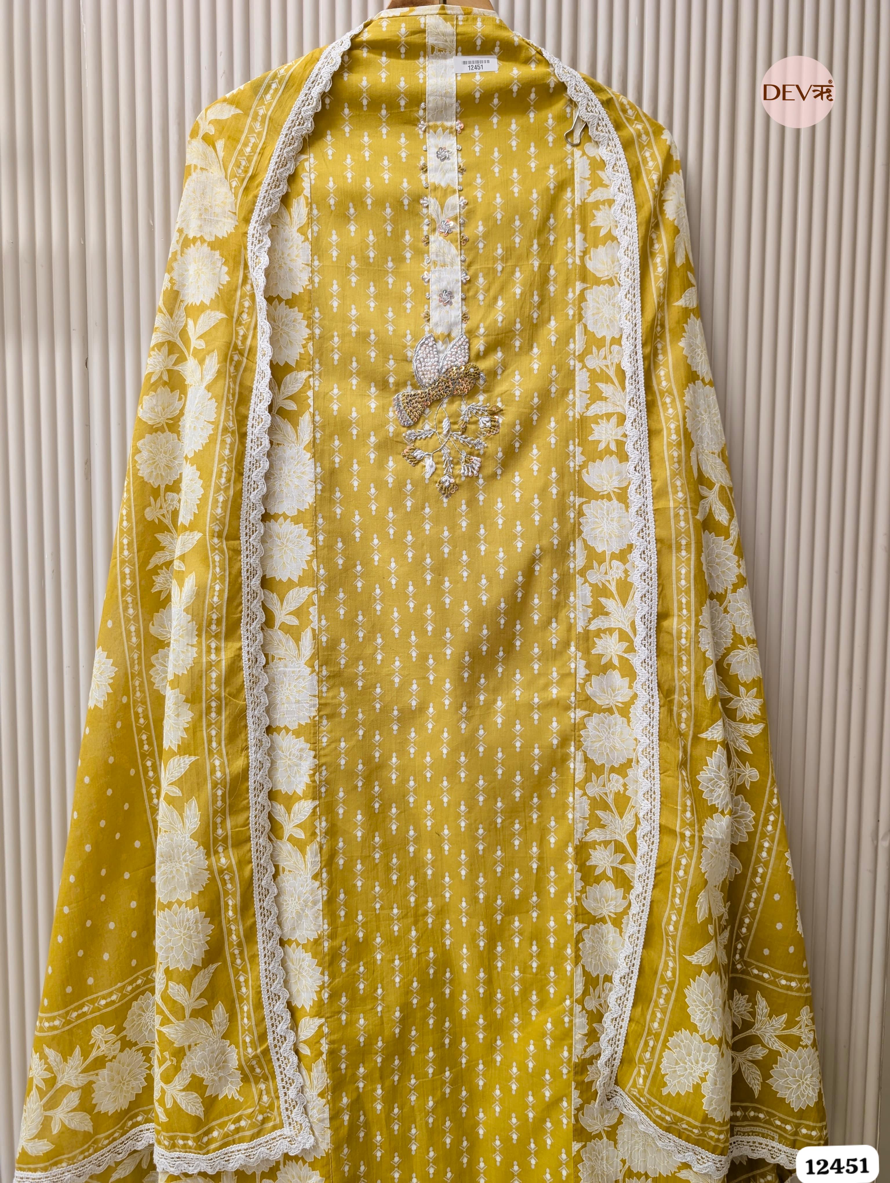 Mustard Yellow Pure Cotton Printed & Embroidered Unstitched 3-Piece Suit (Devri – D.No 12451)