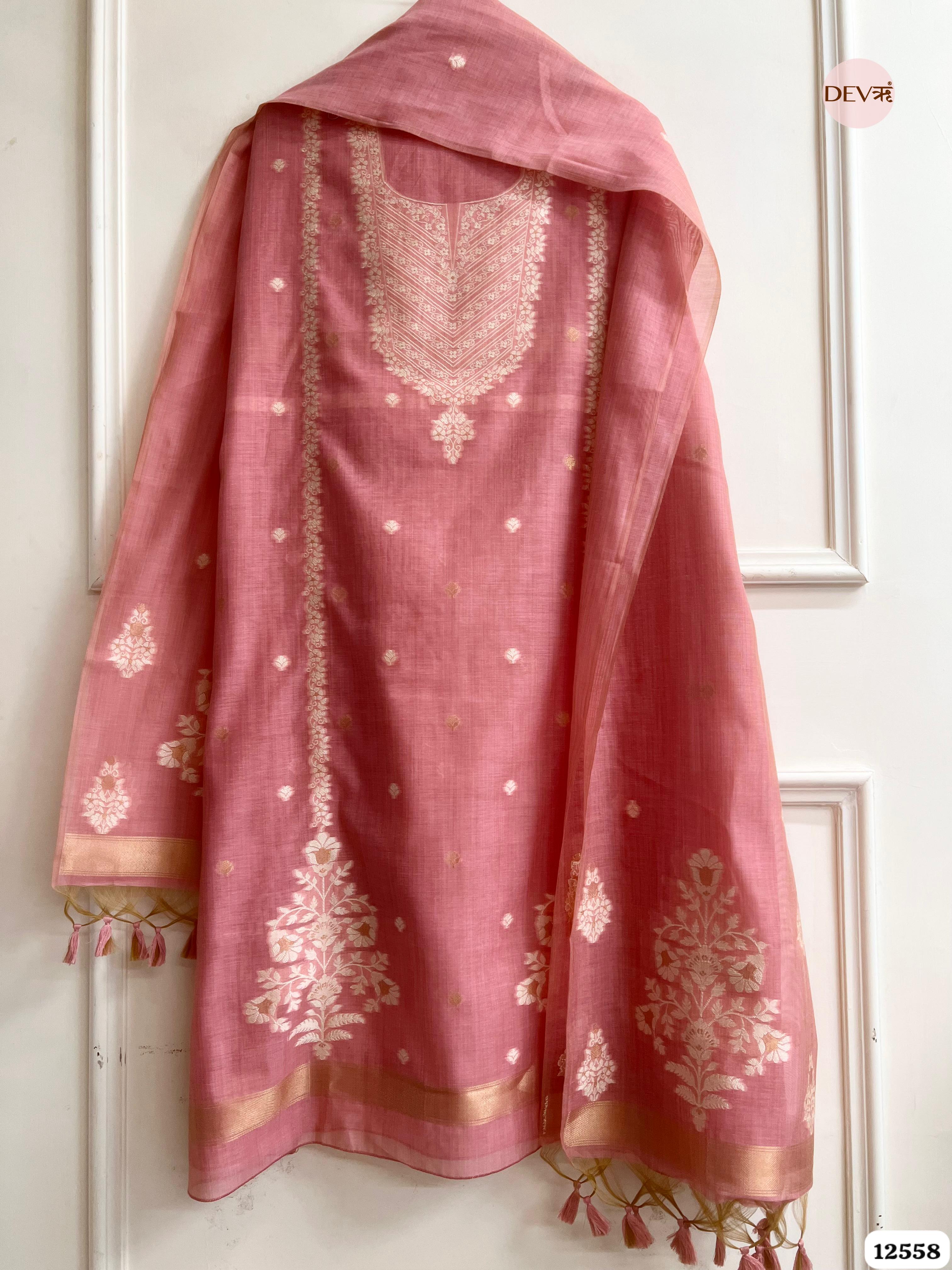 Pink Jamdani Embroidered Unstitched 3-Piece Suit (Devri – D.No 12558)