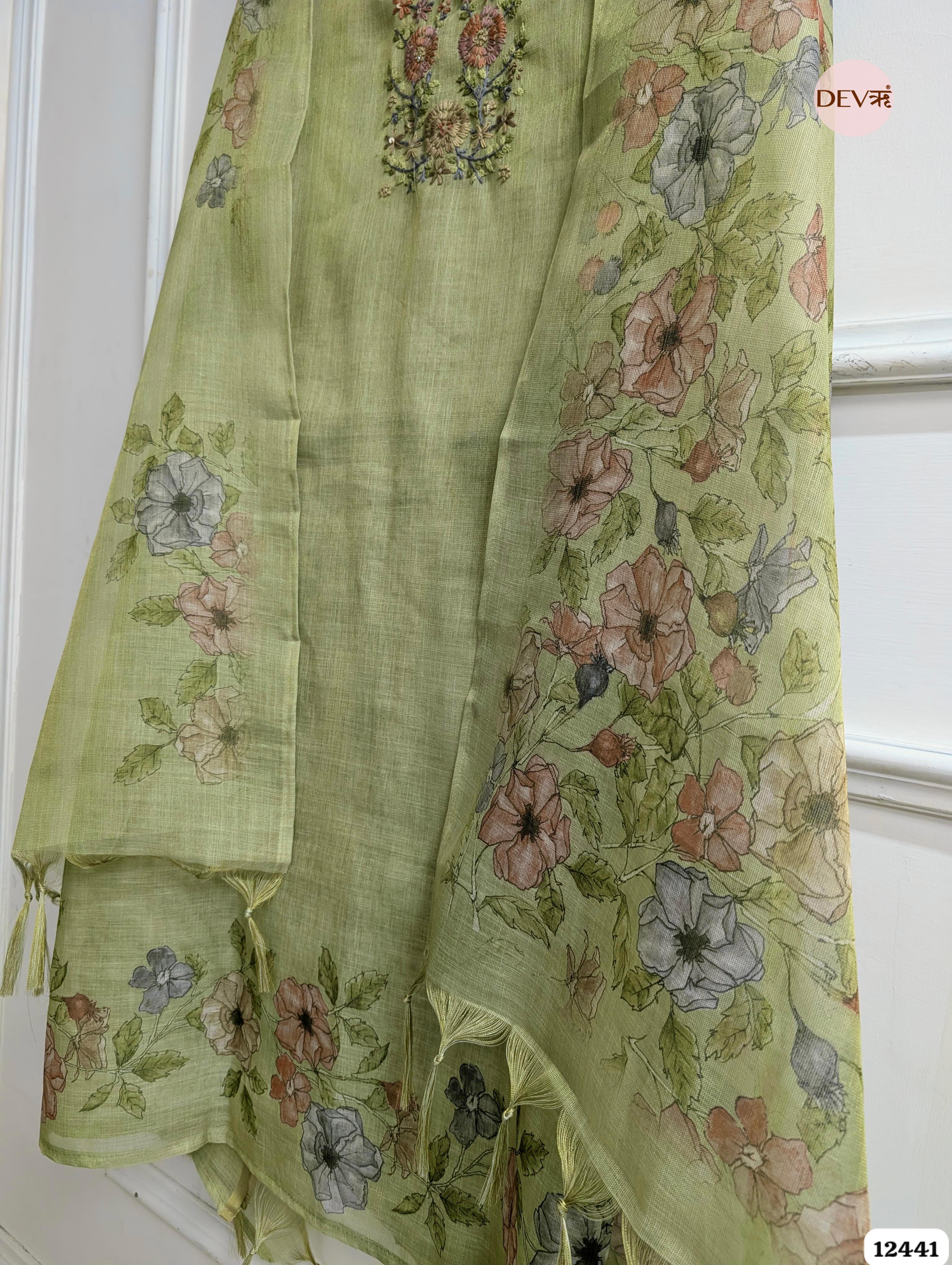 Sage Green Linen Embroidered Unstitched 3-Piece Suit (Devri – D.No 12441)