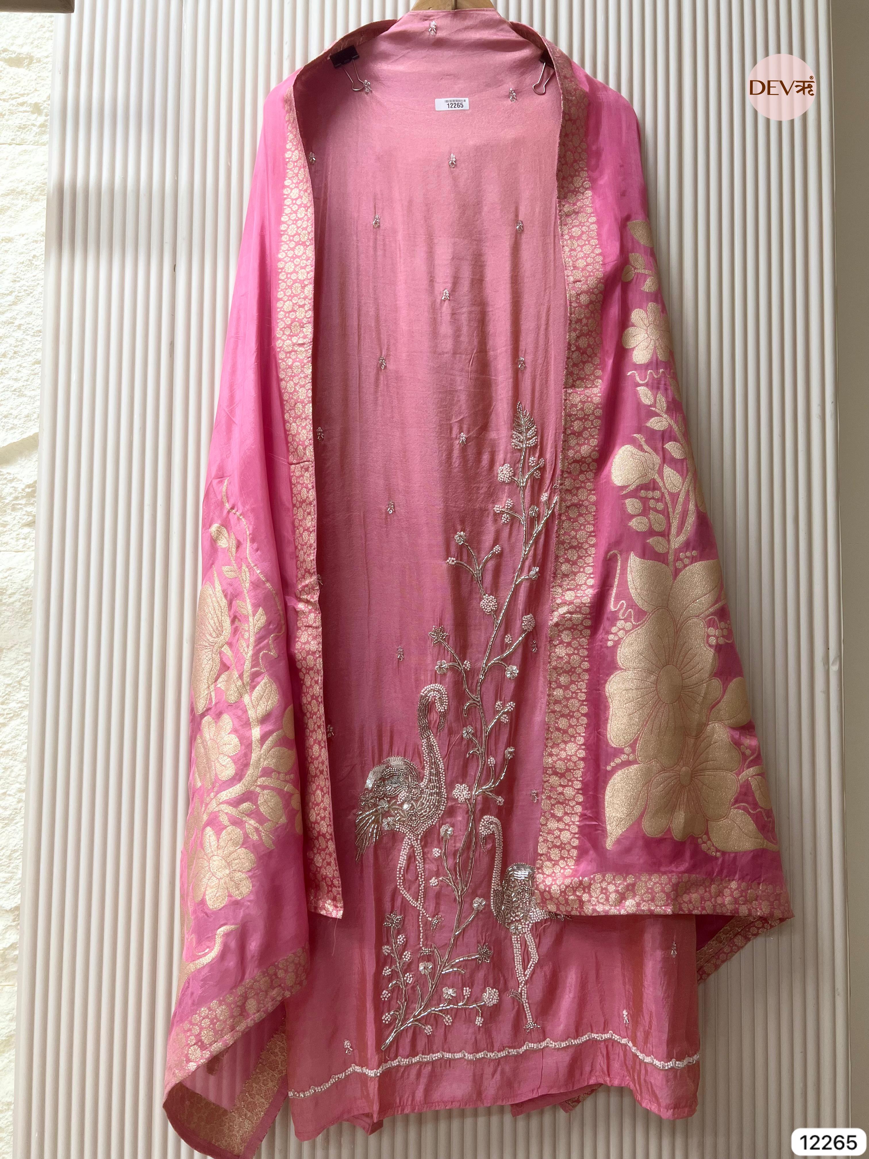 Pink Tissue Shimmer Silk Embroidered Unstitched 3-Piece Suit (Devri – D.No 12265)