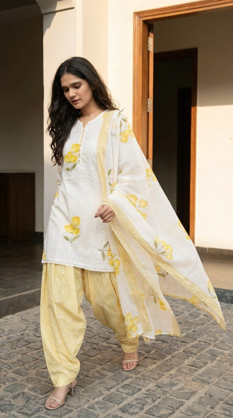 Gulnaar Pure Cotton Printed farsi salwar White 3-Piece Set (Devri – D.No 21057)