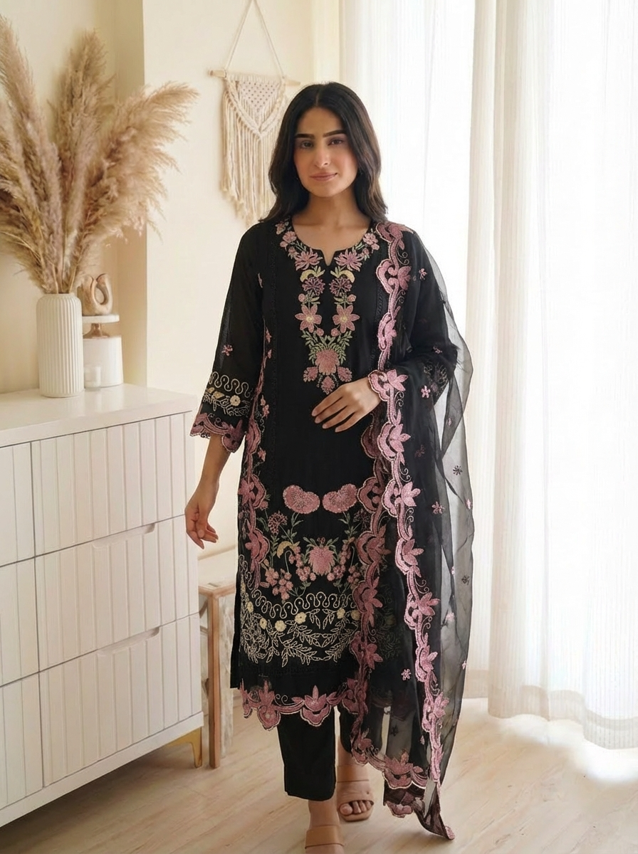 Black Organza Unstitched Pakistani -Set Of 3 {7787}