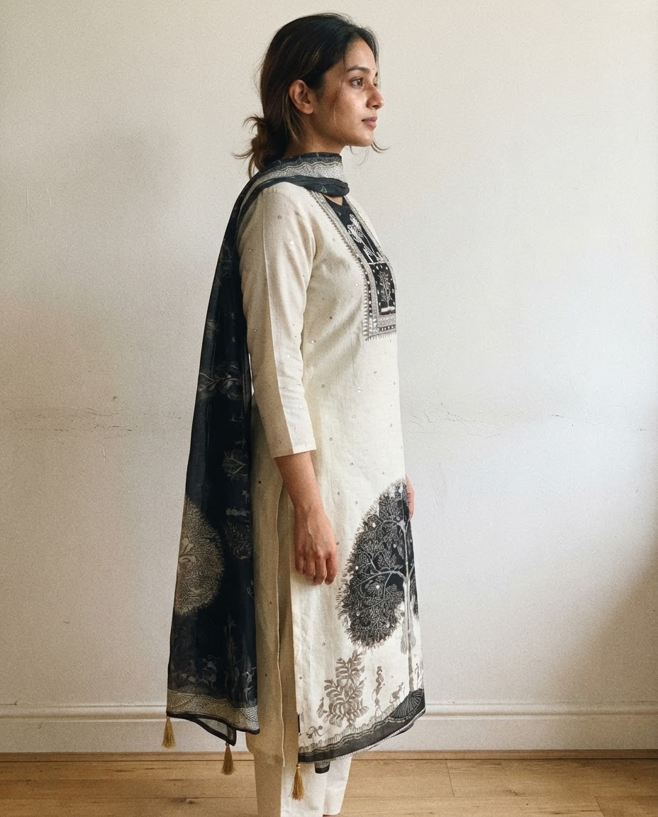 Cream Mul Cotton Printed Unstitched 3-Piece Suit (Devri – D.No 13331)