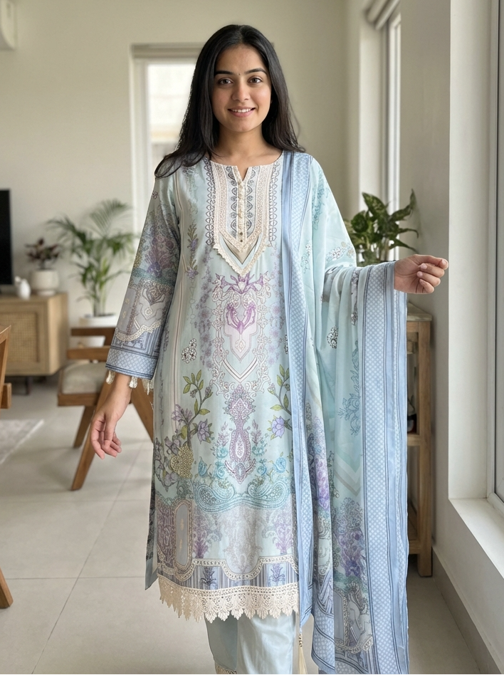 Blue Muslin Printed Unstitched 3-Piece Suit (Devri – D.No 13076)