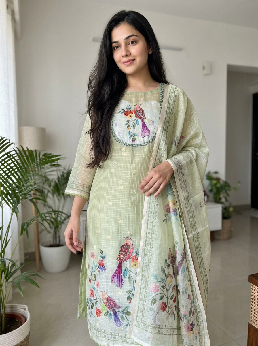Green Kota Printed Unstitched 3-Piece Suit (Devri – D.No 13096)