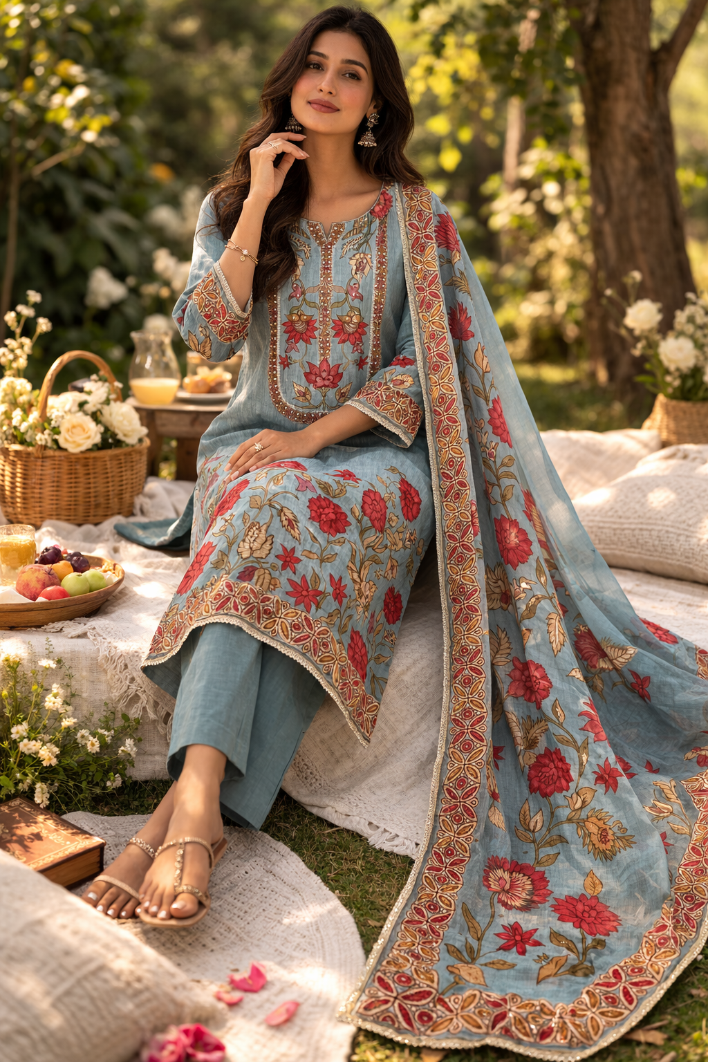 Teal Blue Muslin Floral Printed Unstitched 3-Piece Suit (Devri – D.No 12597)