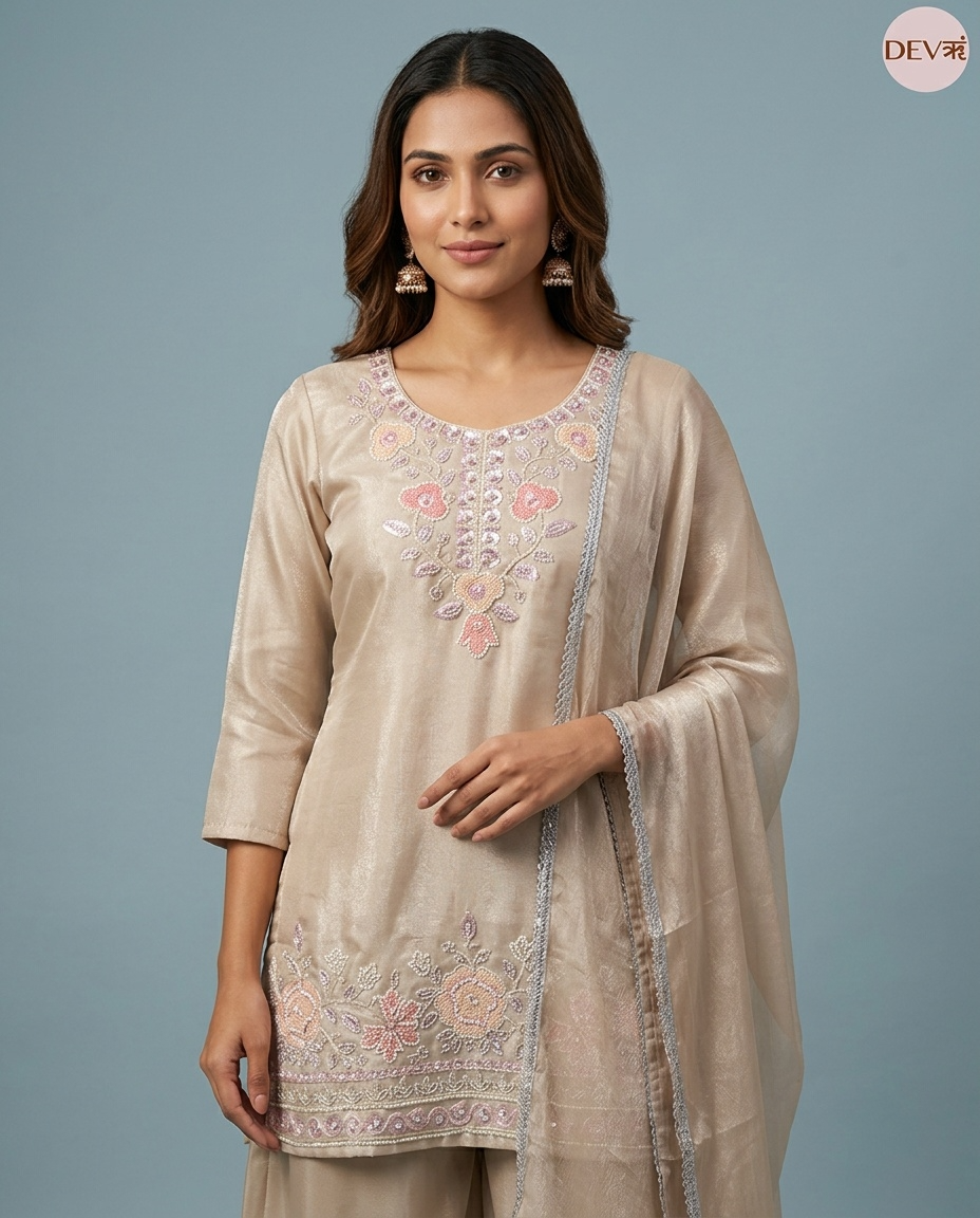 Gulnaar Roman Glass Silk Embroidered Beige 3-Piece Set (Devri – D.No 13539)